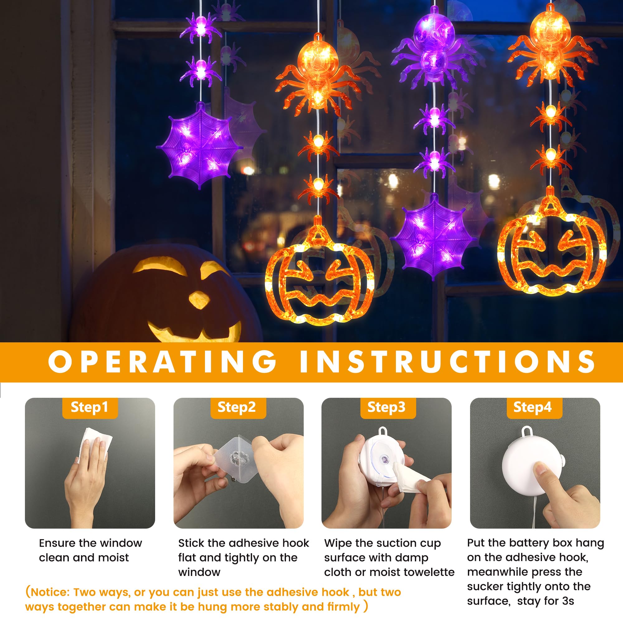 Qedertek Decorazioni di Halloween - 2 Pezzi Tenda Luci Halloween a Batteria con Zucca/Ragno/Ragnatela, 2 Modalità, Timer, Luci Halloween Decorativa per Interni ed Esterni, Finestra (Arancione&Viola)