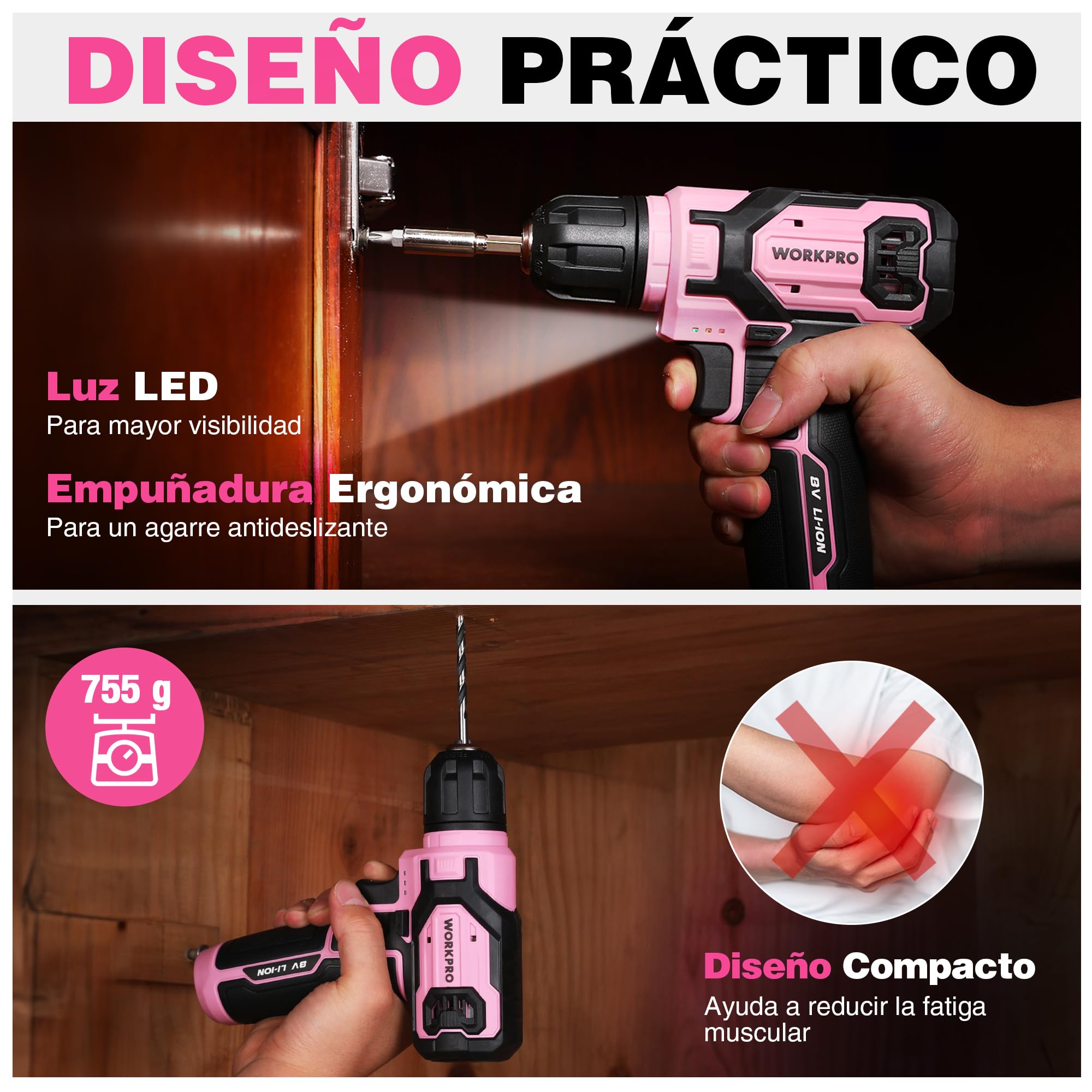 WORKPRO Atornillador Eléctrico 8V con 21 Accesorios, Rosa