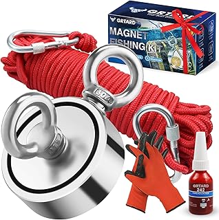 Grtard 1000 LBS Magnet Fishing Kit for Men's Gifts, Double Sided Neodymium Fishing Magnets with Case, 20m (65 Ft) Durable Rope, Protective Gloves, Gifts for Men, Dad, Husband
