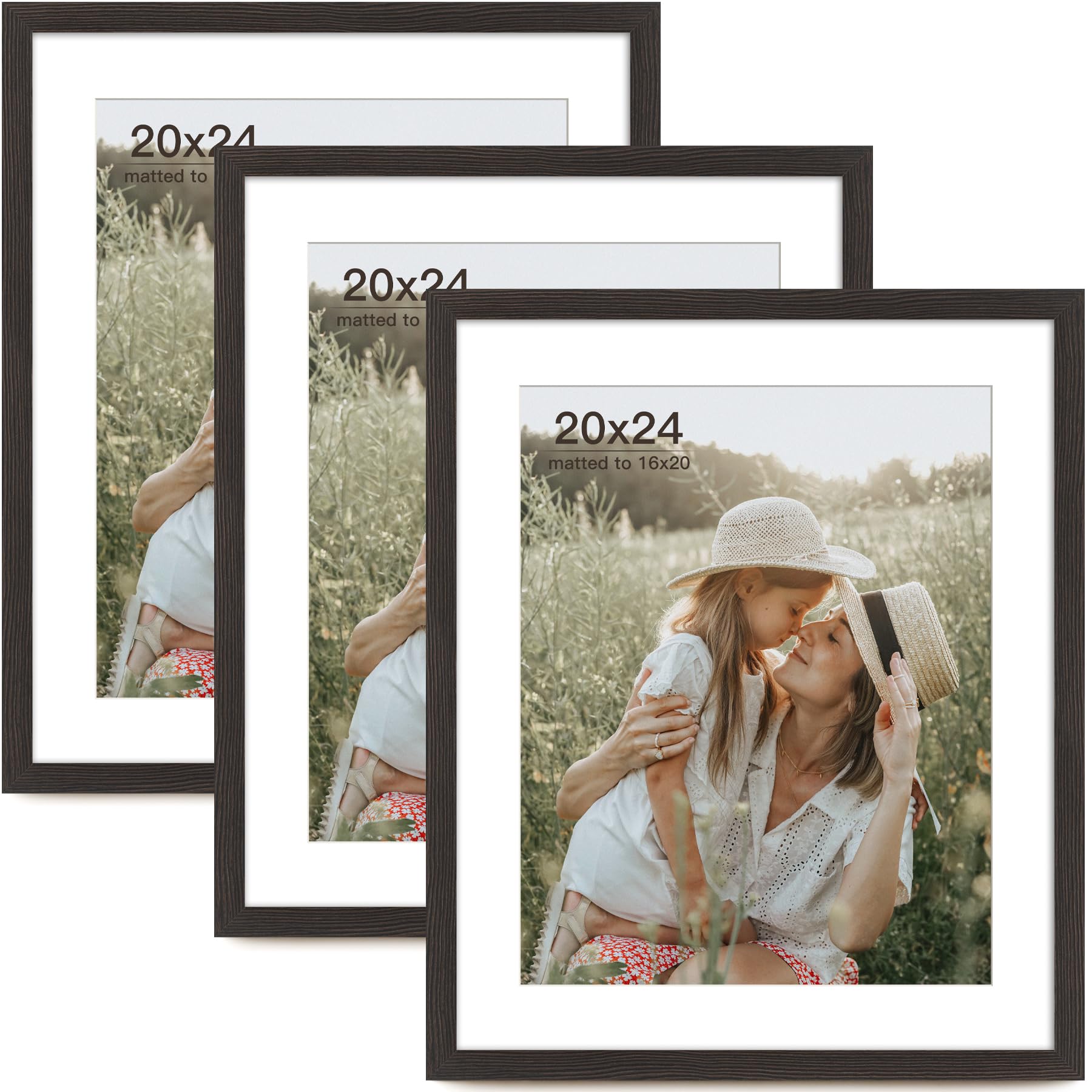 20x24 Picture Frame with Mat for 16x20 Set of 3, Distressed Black Wood Grain 20x24 Frame for Wall Mounting (3 Pack, Black)