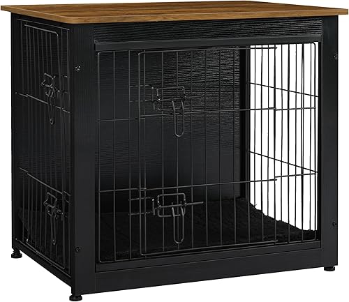 Vista 241 de DWANTON Mueble de jaula para perros con cojín, caja de madera para perros con puertas dobles, muebles para perros, perrera de interior, mesa Negro