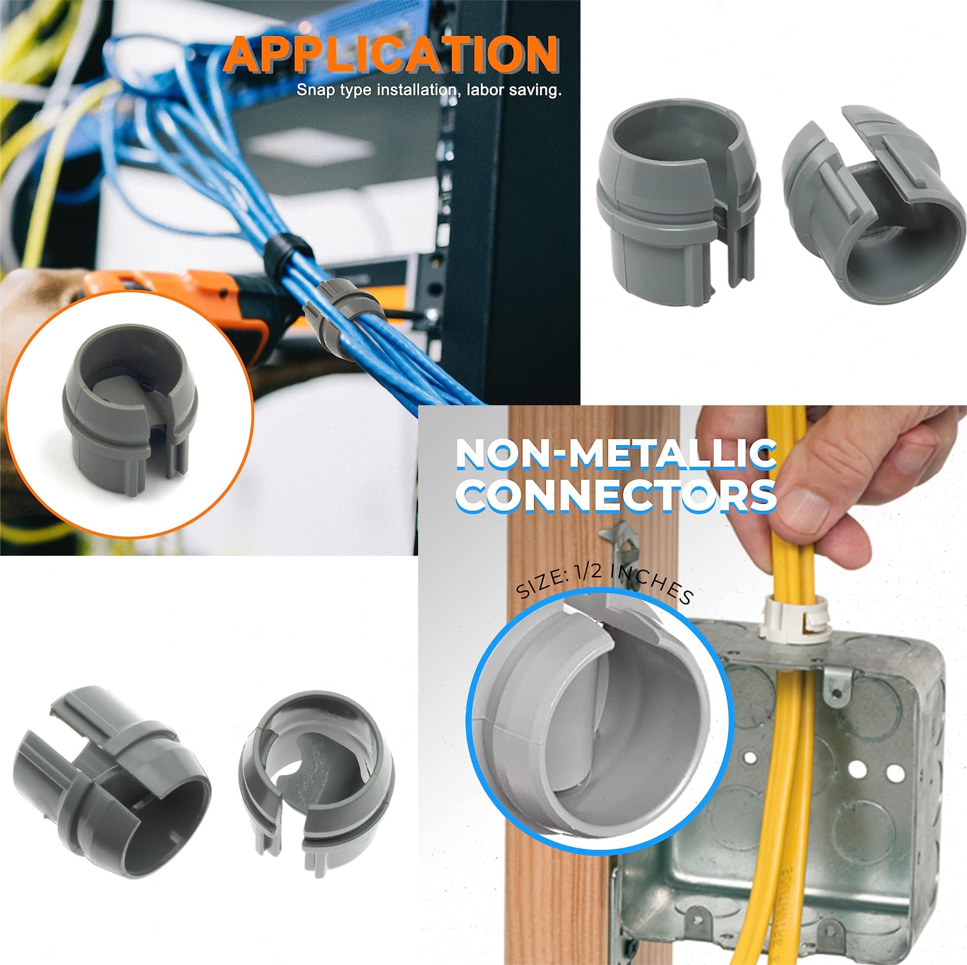 50pcs 1/2 Inch Non-Metallic Cable Connector - Snap Style
