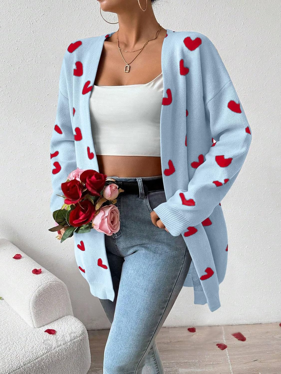 Womens Cute Heart Cardigans Oversized Long Sleeve Open Front Knit Sweaters - Image 3