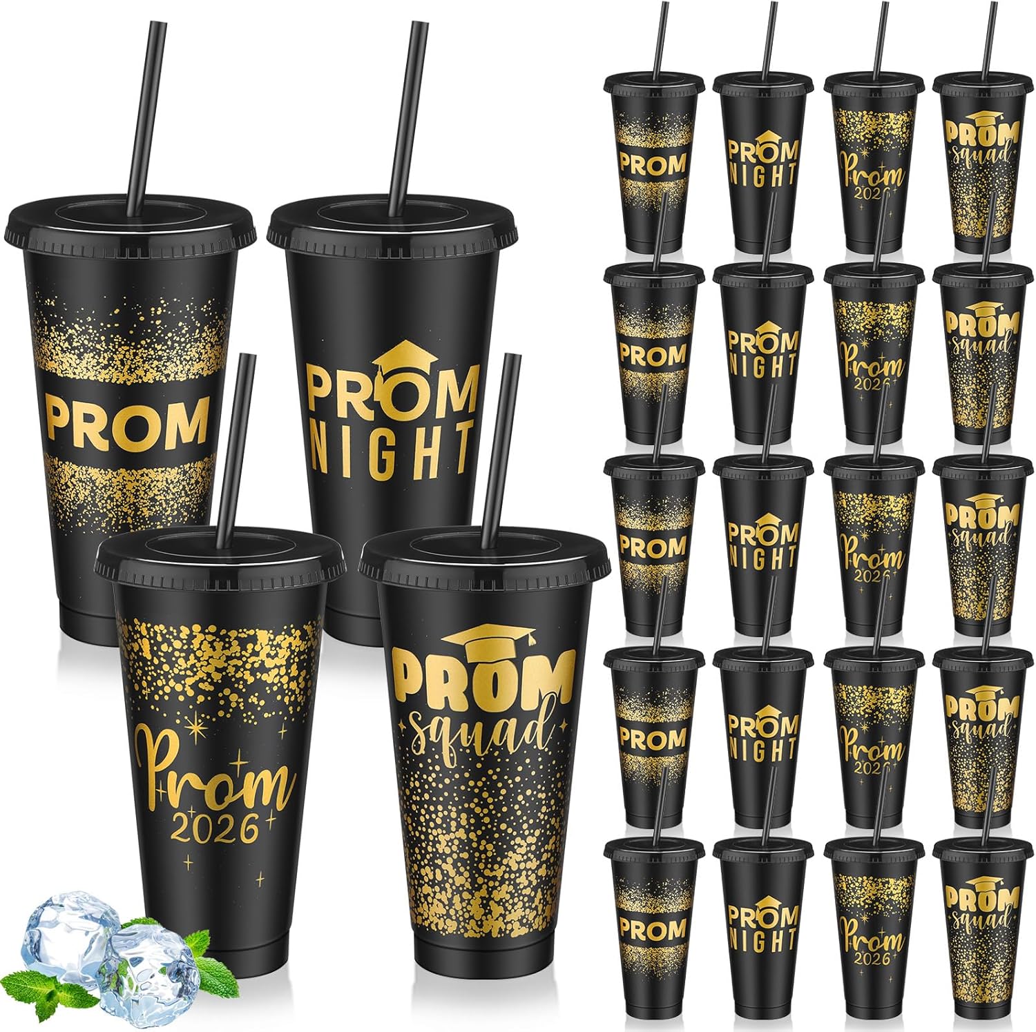 24 Set Graduation Prom 2026 Plastic Cups, 24oz Reusable Prom Plastic Tumblers Cup with Lids and Straws Graduation Party Dinnerware Supplies Bulk for Cold Drink (Black Gold)