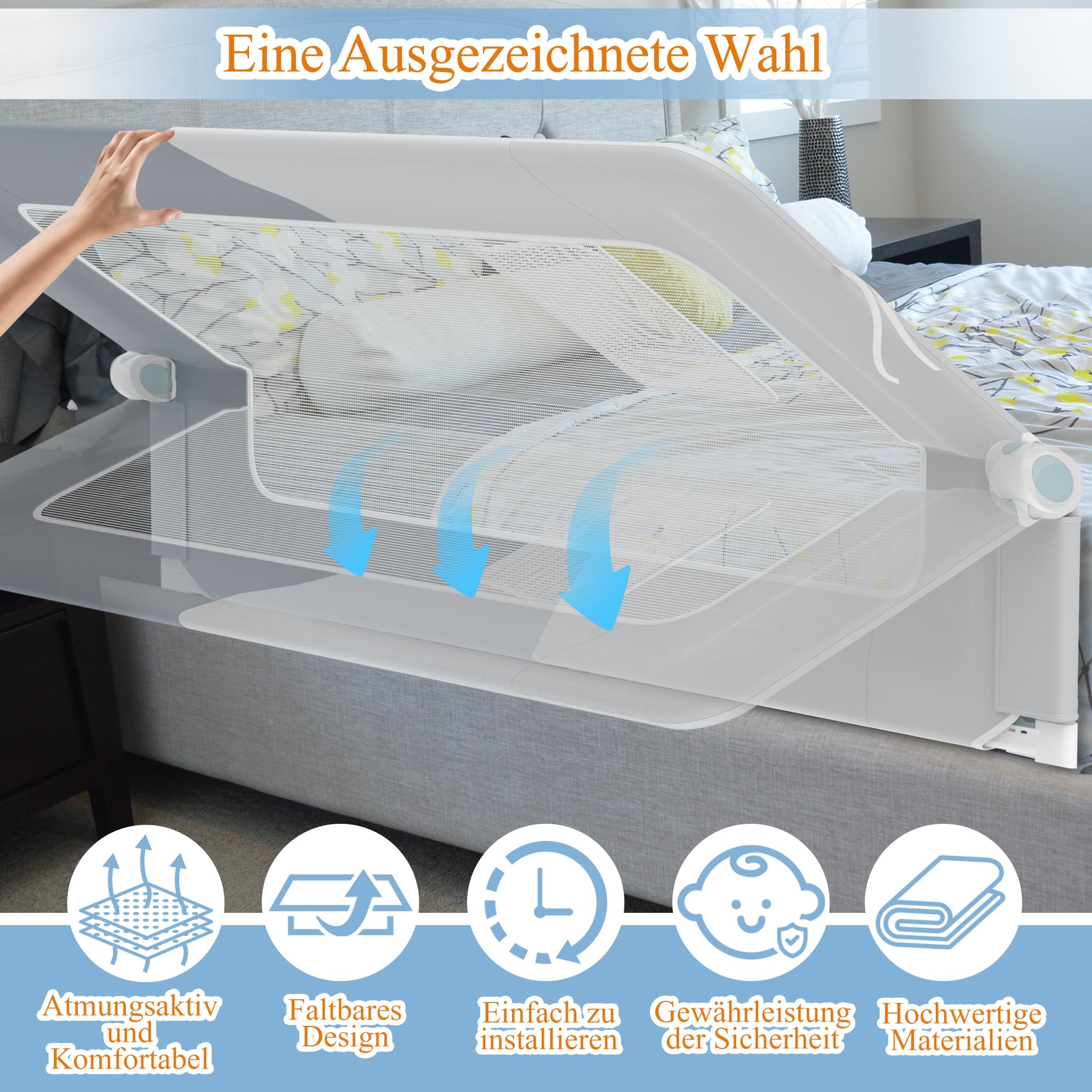HENGMEI Zanzariera per letto da 150 cm, pieghevole a 180 gradi, rete traspirante regolabile in altezza (grigio + grigio chiaro)