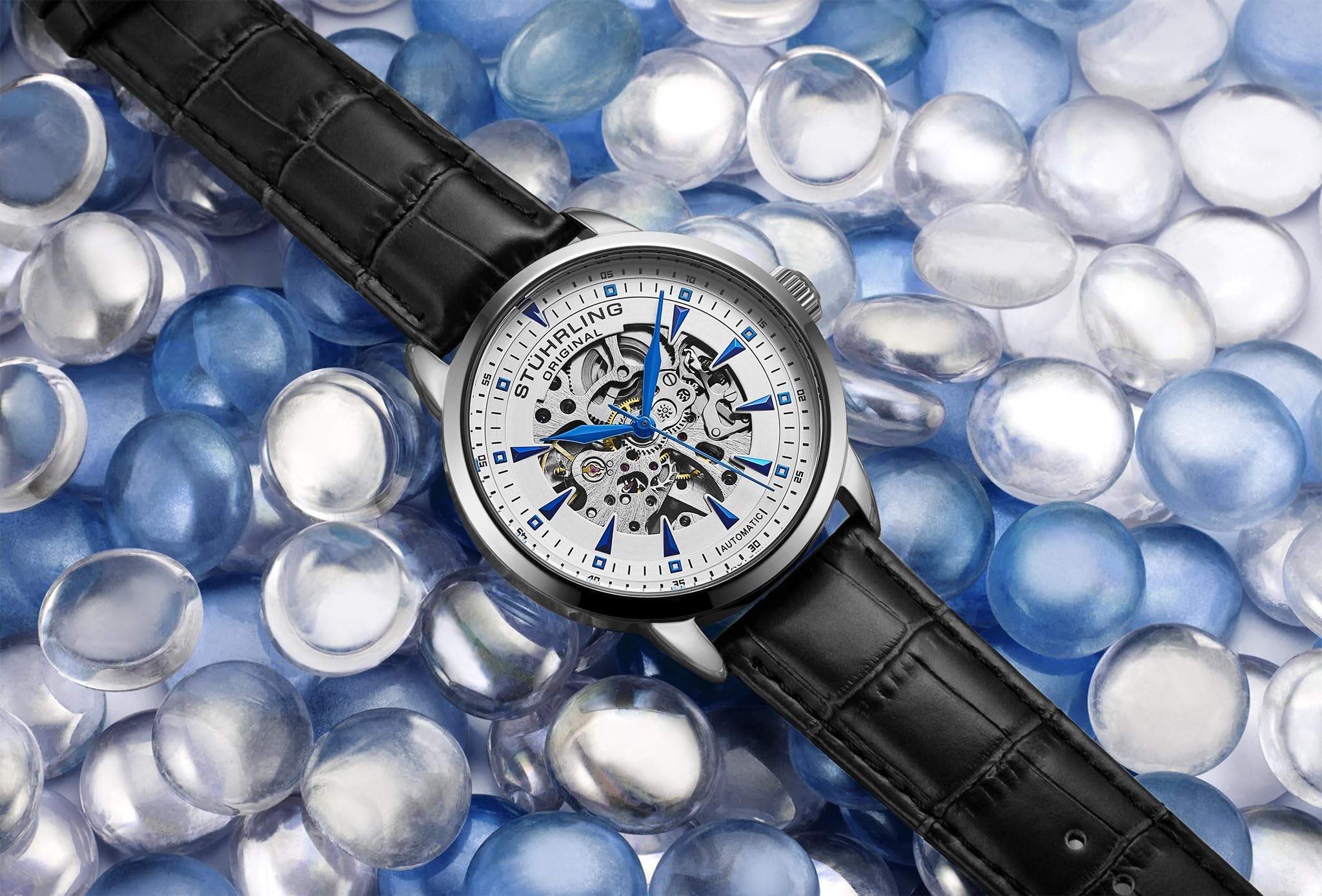 Stührling Orologio automatico scheletrato da uomo Original con cinturino in pelle stampata alligatore e quadrante scheletrato
