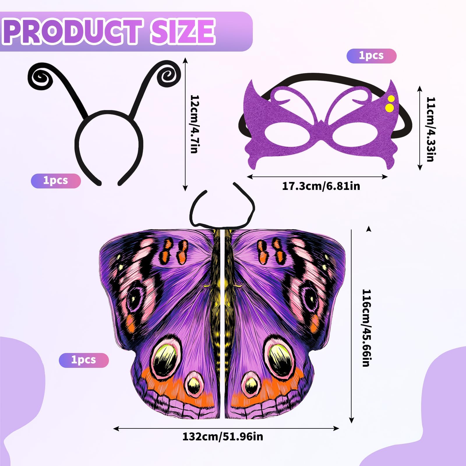 Disfraz Mariposa Niña, Alas Mariposa Disfraz con Máscara y Diadema, Suave y Transpirable, Capa de Alas para Navidad Carnaval Fiesta Pascua Cosplay - 4