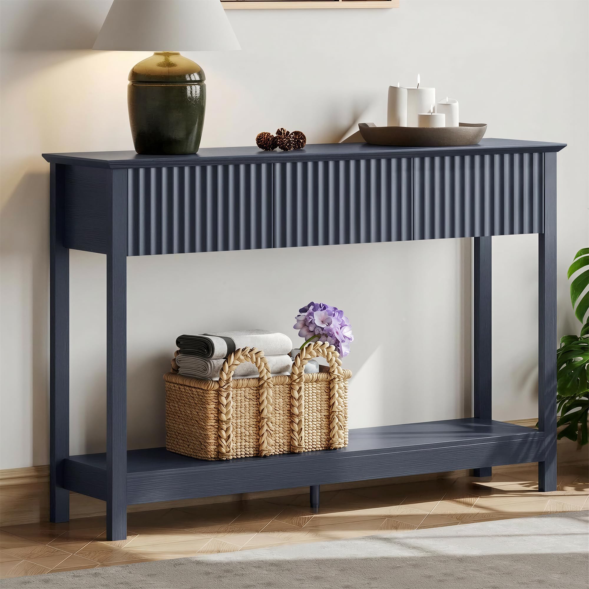 Treocho 47" Fluted Console Table with 3 Drawers and Storage Shelf | Narrow Long Entryway Table,Behind Couch Accent Tables, Entrance Foyer, Hallway, Living Room, Blue
