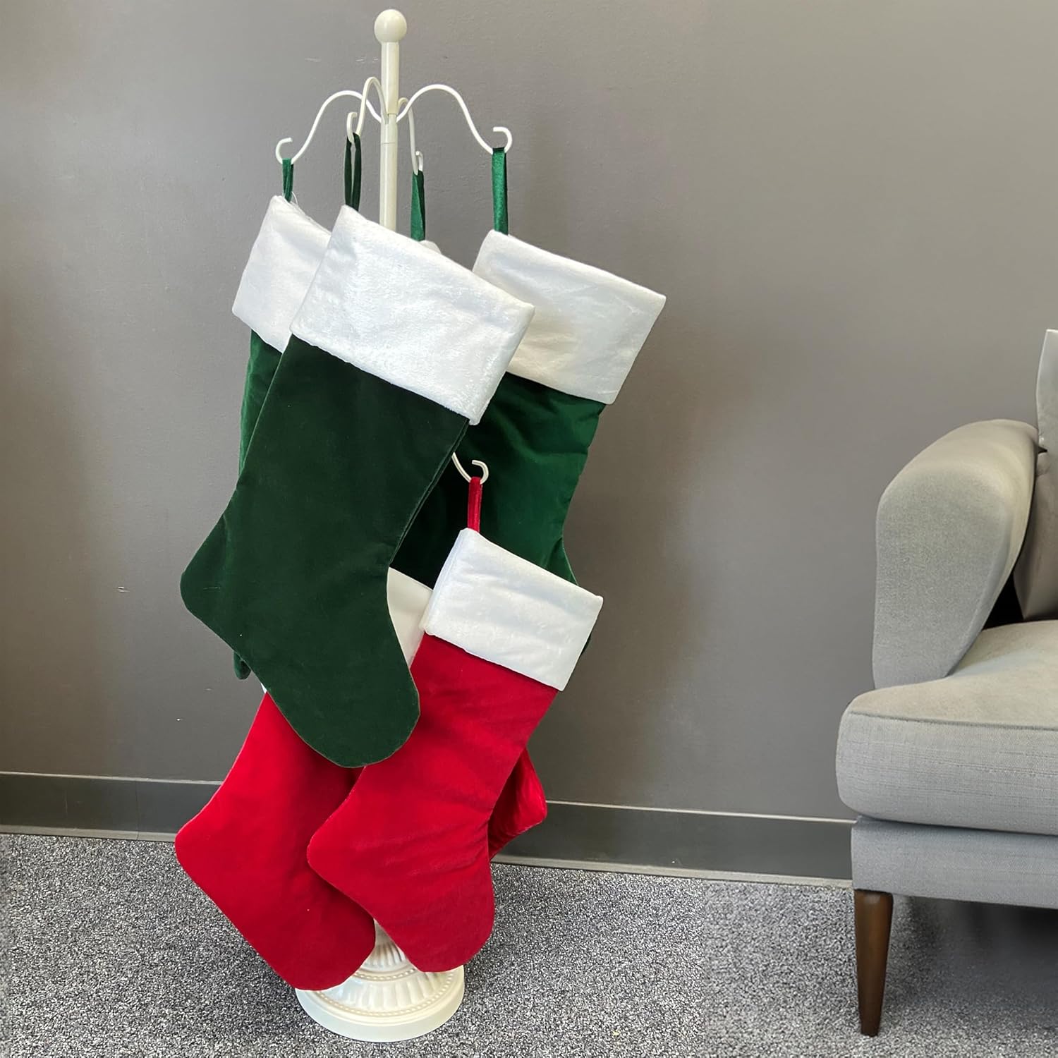 Haute Decor Adapt Adjustable Metal Christmas Stocking Tree Stand, Adjustable Configurations, Hang up to 8 Holiday Stockings (Off White, 8 Hooks)