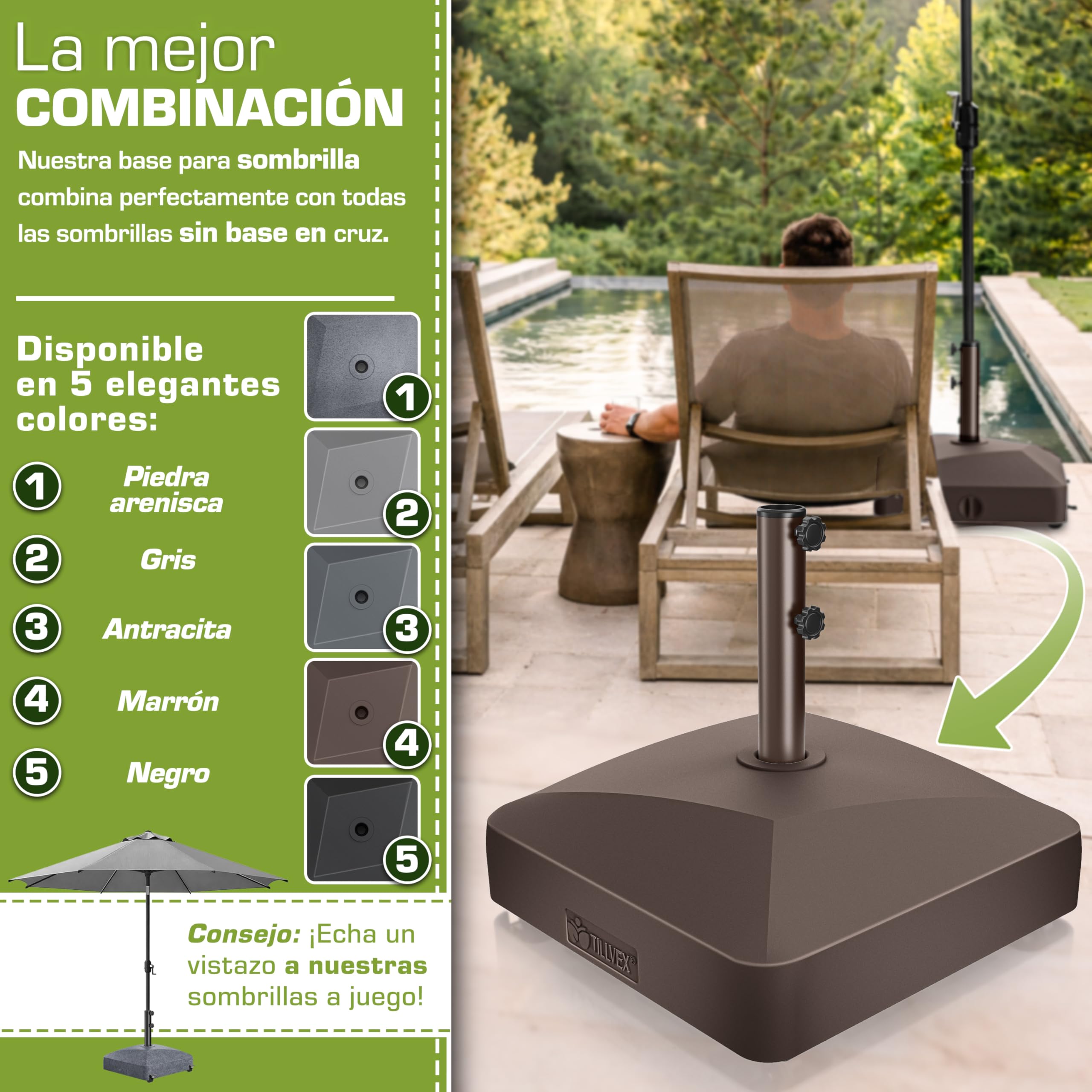 tillvex® Base de sombrilla GRAVIA con Ruedas y Frenos | Soporte de lastre rellenable 37L / 56kg | Pie para Parasol y sombrilla de Mercado Ø 1,8-3,7m | Resistente a la Intemperie y UV (Marrón) — view 8