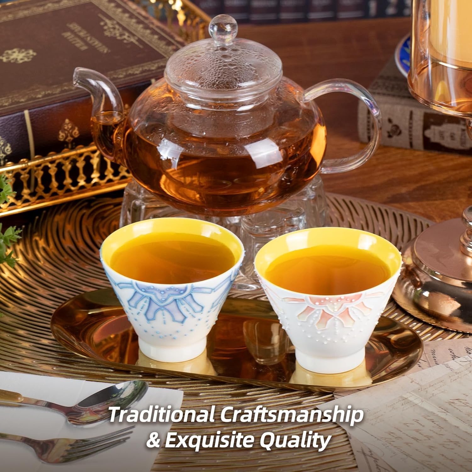 KAMMAK Ceramic Teacups - 150ml/5oz Coffee Cup - Set of 2 Hand-Painted Ceramic Cups - Small Vintage Mate Cup - Cute Mugs for Women - Ideal for Birthday, Afternoon Tea & Housewarming Gifts
