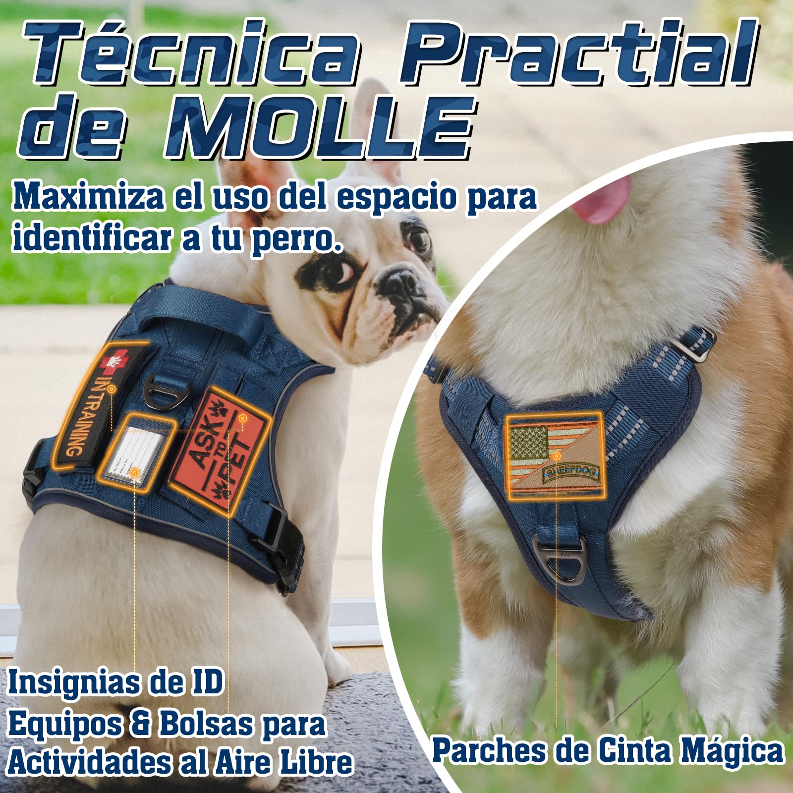 rabbitgoo Arnes Perro Antitirones, Arnes Perro Grande Mediano Transpirable, Arnes Táctico Perro Ajustable con Asa Anillos y Molle, Chaleco Durable Reflectante para Adiestrar, Caminar, Cazar, Azul XL