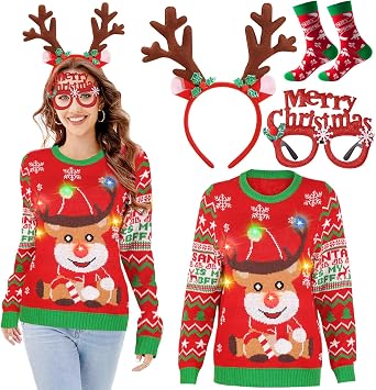 Light Up Ugly Christmas Sweater for Women 2025 LED Reindeer Tacky Funny Holiday Ugly Xmas Sweaters Women Men Couples