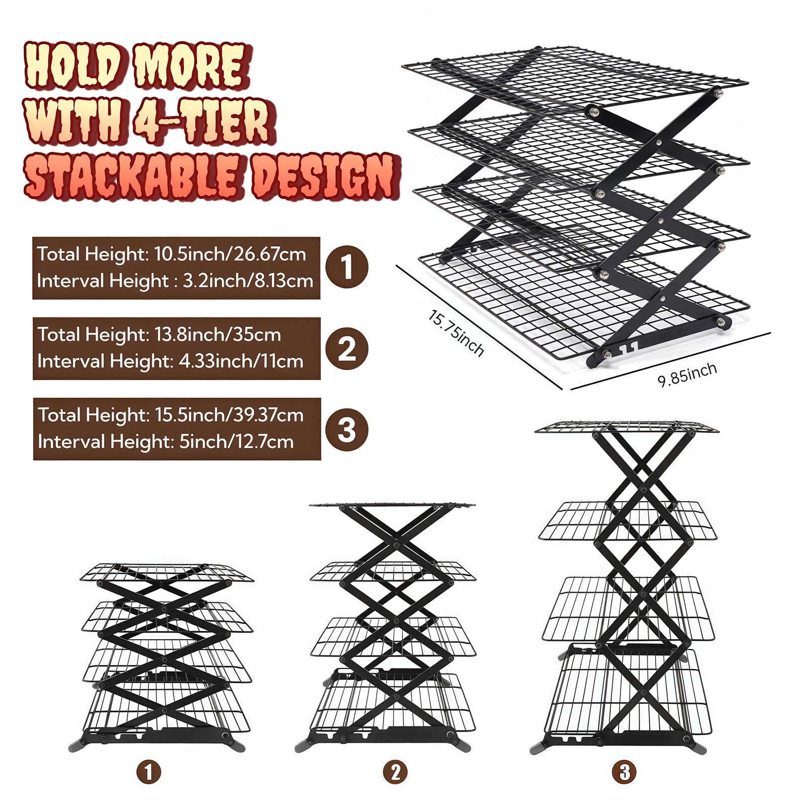 Grille de refroidissement pliable avec design empilable réglable pour la cuisson, le rôti, le séchage et l'utilisation en extérieur