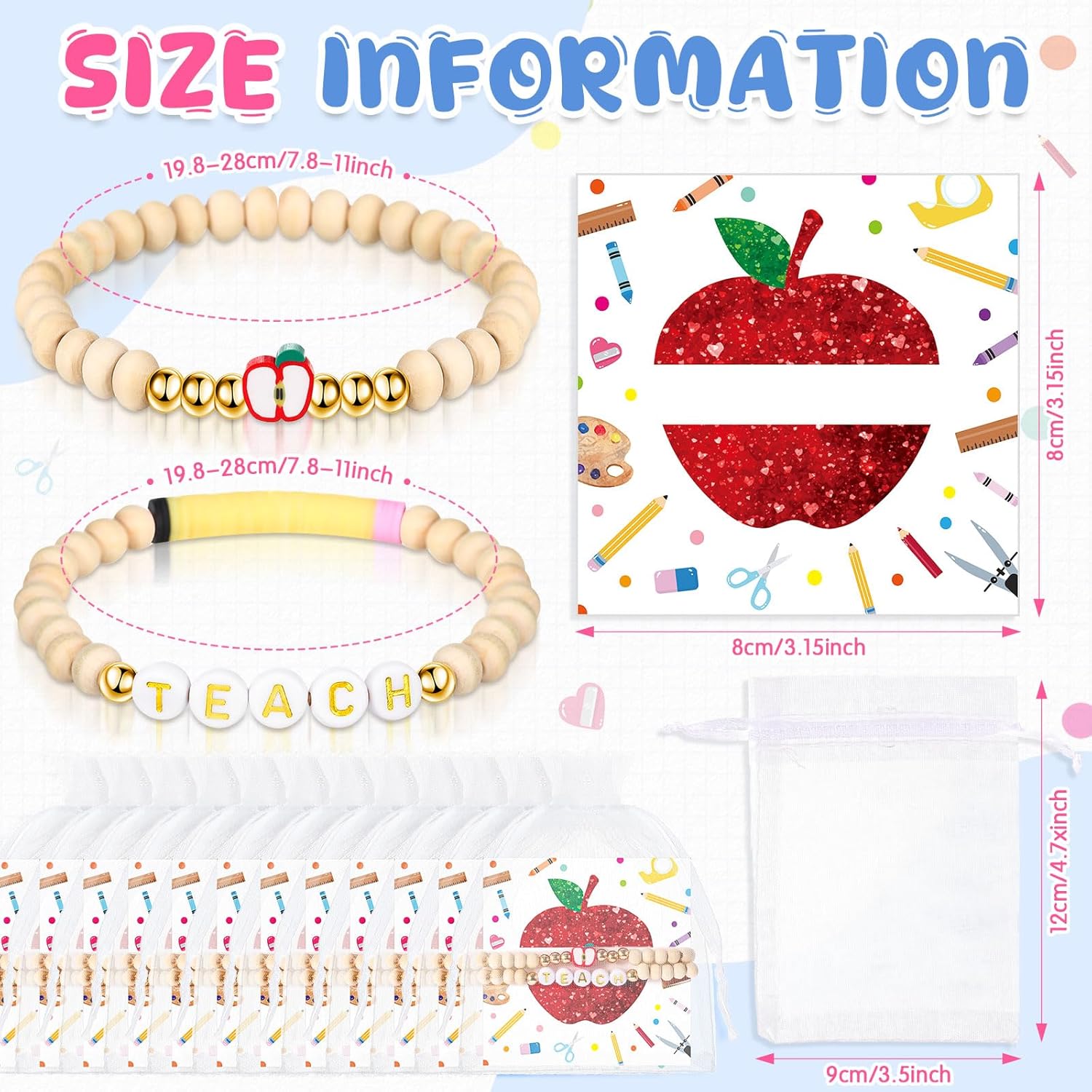 Cunno 12 Sets Christmas Teacher Appreciation Gifts Thank You Teacher Gifts Apple Shaped Bracelets Wooden Beaded Bracelets Set with Card for Women Men Jewelry - Image 6