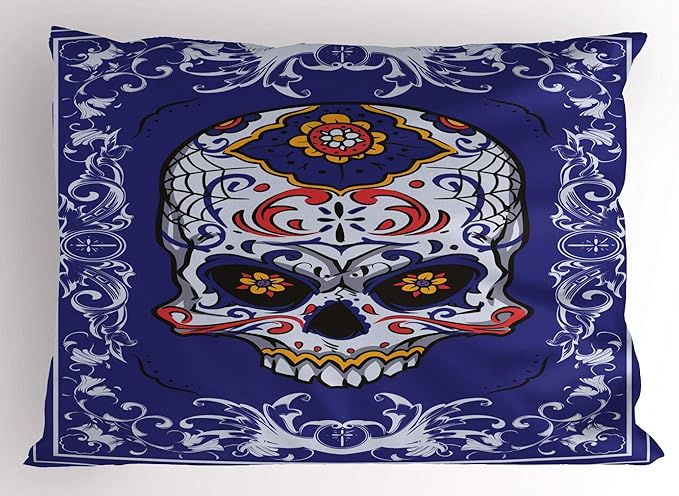 Ambesonne Sugar Skull Pillow Sham, Scary Floral Skull with Motifs in Ornate Framework Swirls Gothic Vintage Look, Decorative Standard Queen Size Printed Pillowcase, 30