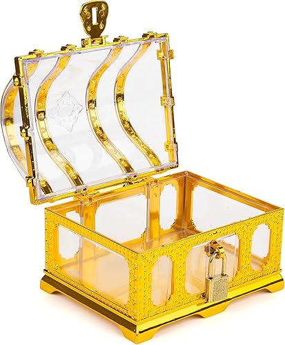 Miniatura 2 de Cofre del tesoro pirata para niños, cofre de pirata dorado transparente decorativo con cerradura y llave