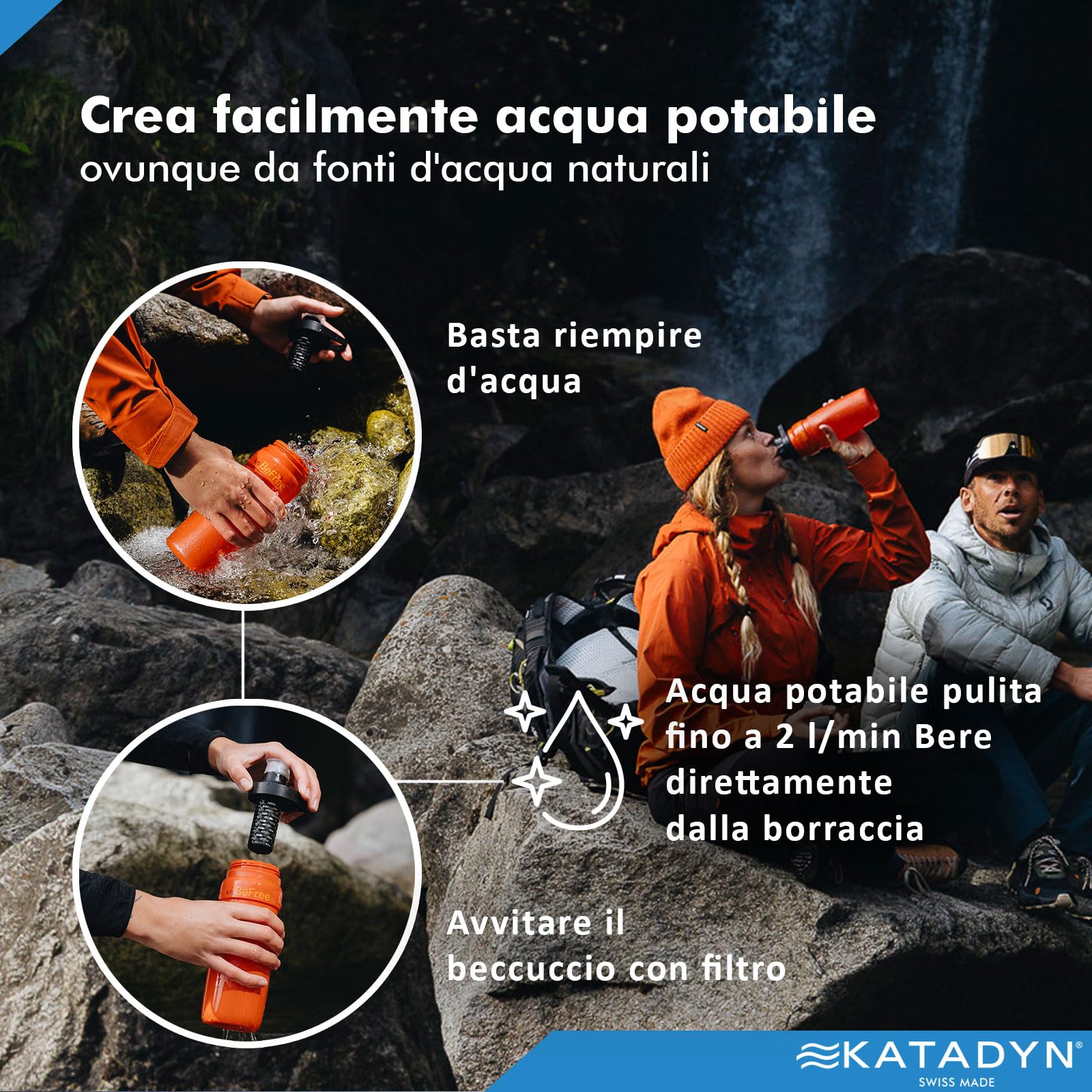 Katadyn BeFree AC Bottle 0,7 l, filtro dell'acqua per esterni, ultraleggero, fibra cava e carbone attivo, campeggio, trekking, viaggi, filtrazione dell'acqua portatile, senza BPA (rosso)