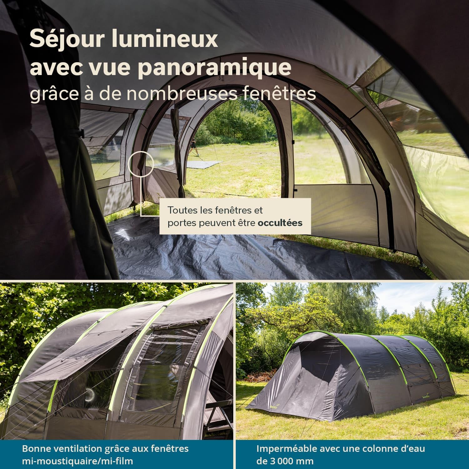 Skandika Tente tunnel Kemi pour 4 personnes | Tente de camping, 2 cabines de couchage, hauteur 2 m, 4 places, colonne d'eau 3000 mm, paroi frontale amovible, auvent | Tente de camping, tente familiale