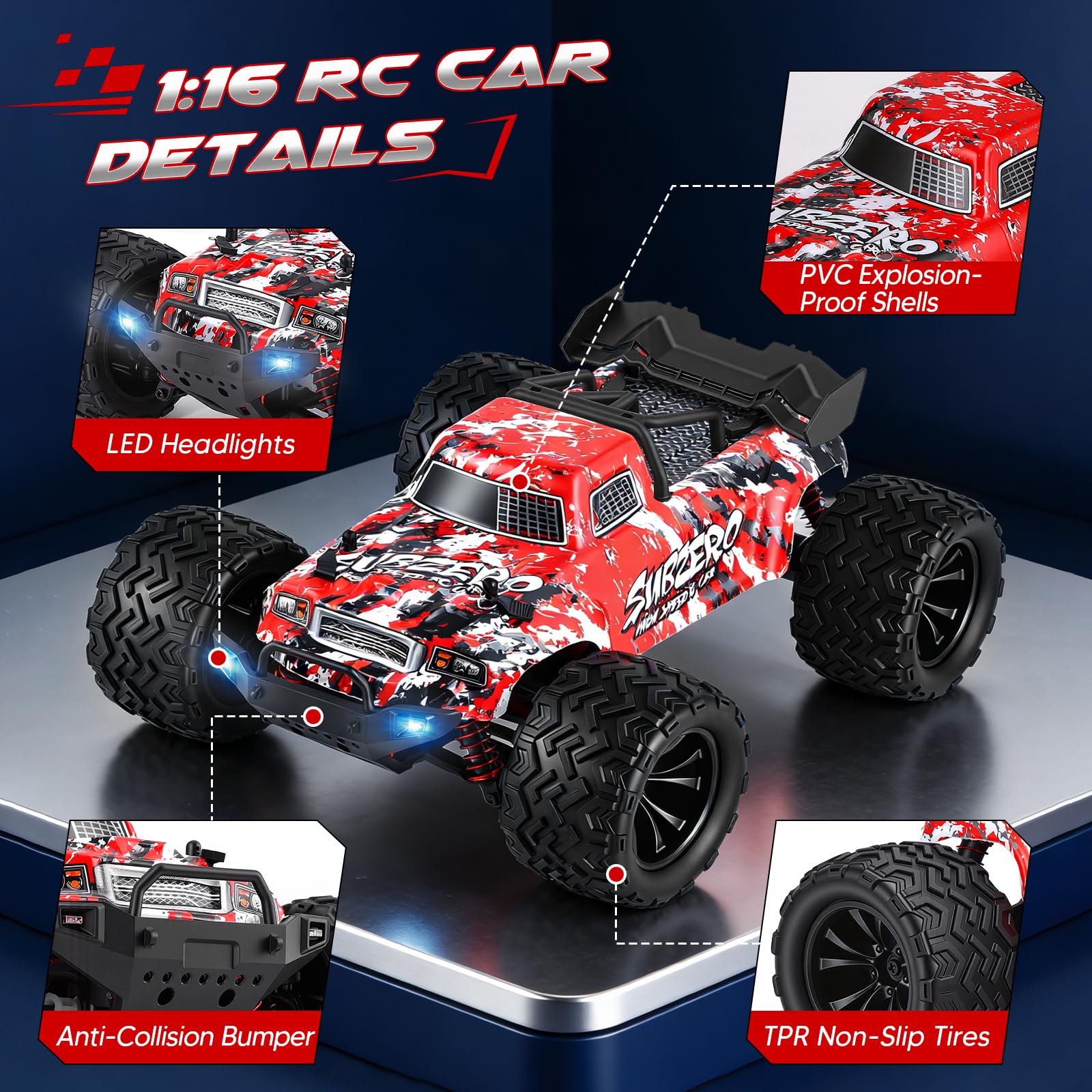 Ferngesteuertes Auto,RC-Auto im Maßstab 1:16, Allrad-Offroad-RC-Truck mit hoher Geschwindigkeit (über 60 km/h), RC-Truck mit zwei wiederaufladbaren 1500-mAh-Akkus und zwei Karosserien (Modell 9500E)