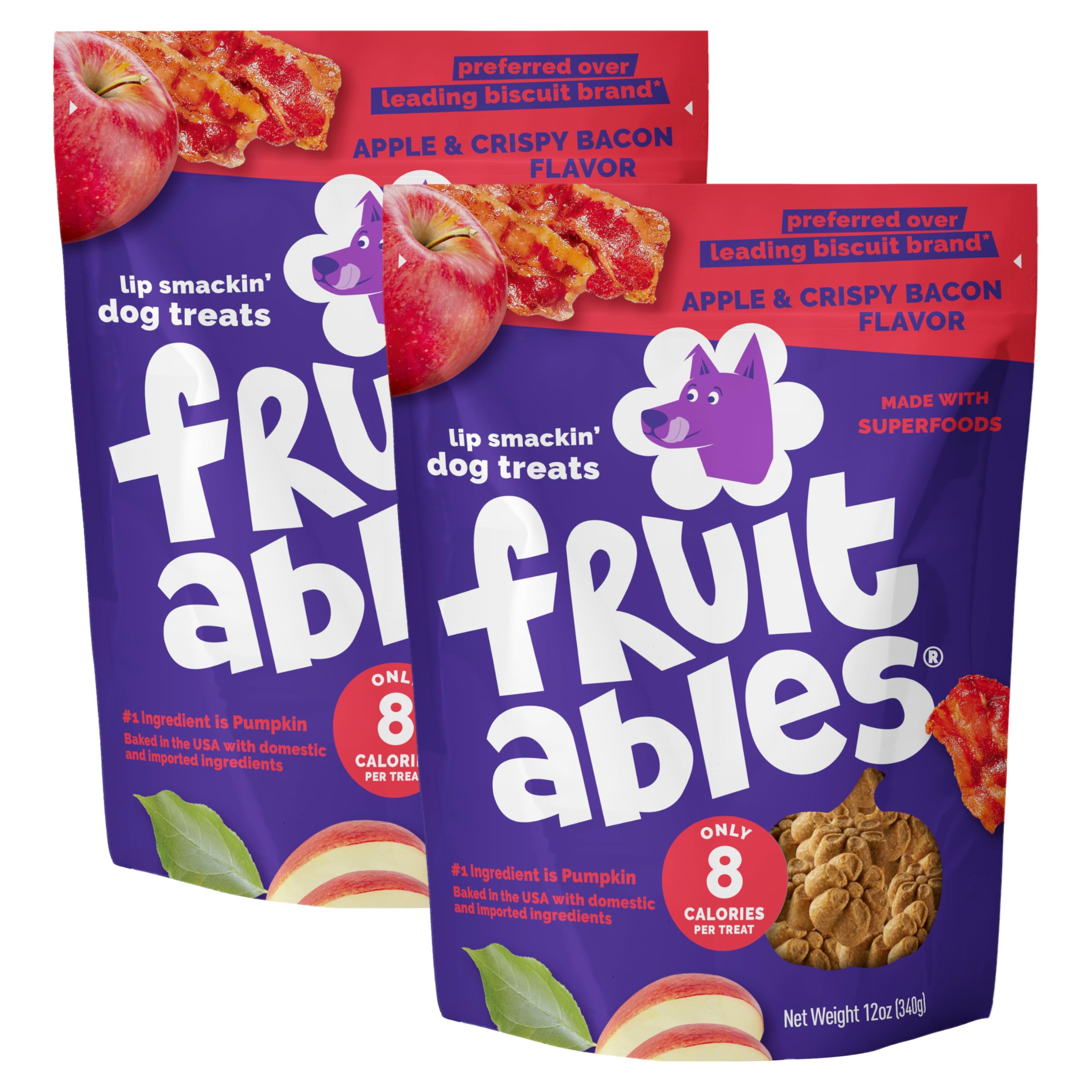 Fruitables Baked Dog Treats - Healthy Low Calorie Pumpkin Treats - Free of Wheat, Corn and Soy - Cripsy Bacon and Apple - 12 Ounces (2 Pack)