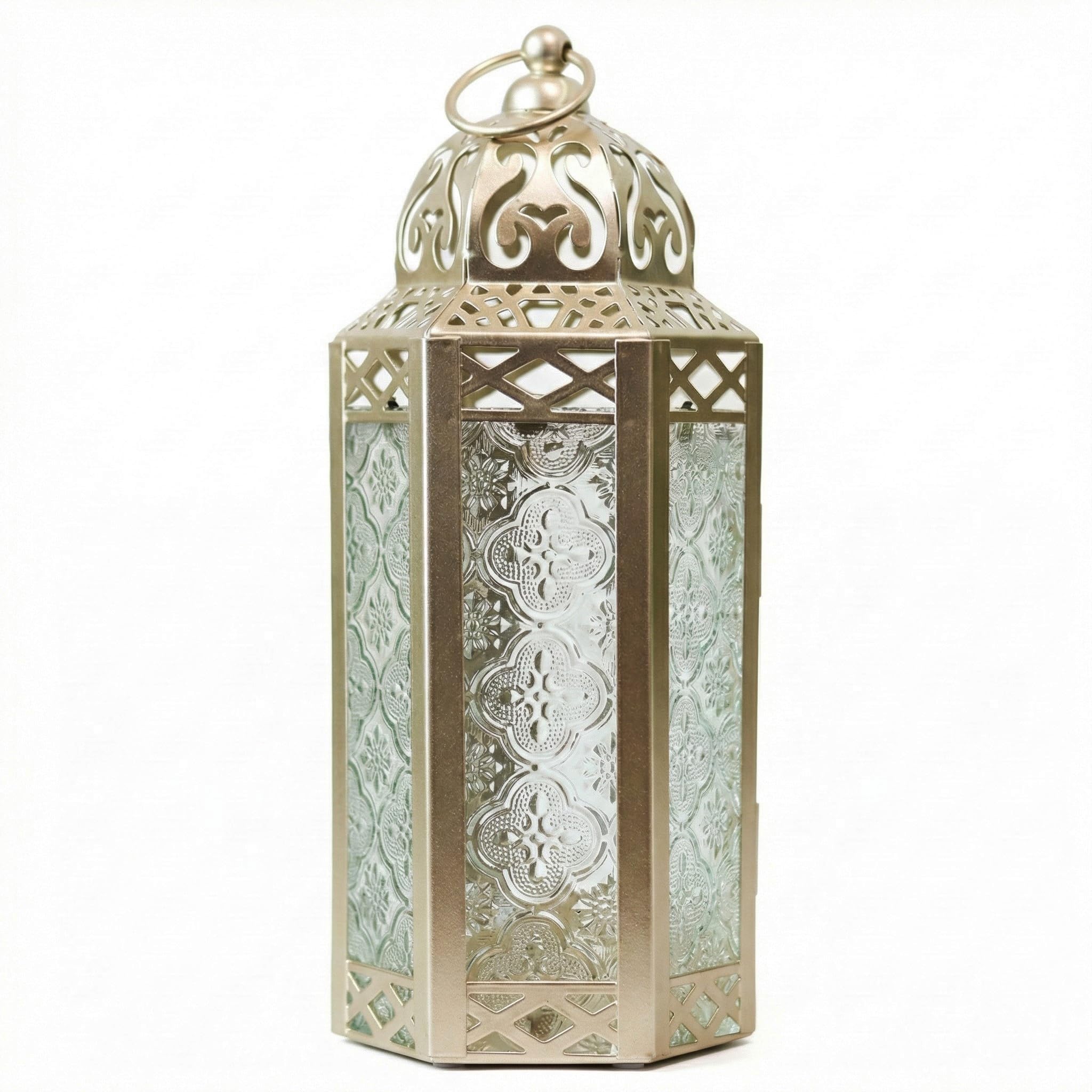 Vela Lanterns White Gold Moroccan Decorative Candle Lantern Holder, Clear Glass, Medium