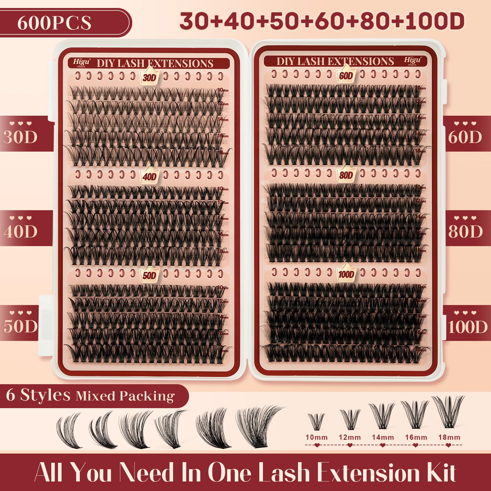 Cluster-Lashes 600pcs Individual Eyelashes, Higu clace 6 Styles Lash Clusters Mixed 10-18MM - Image 2
