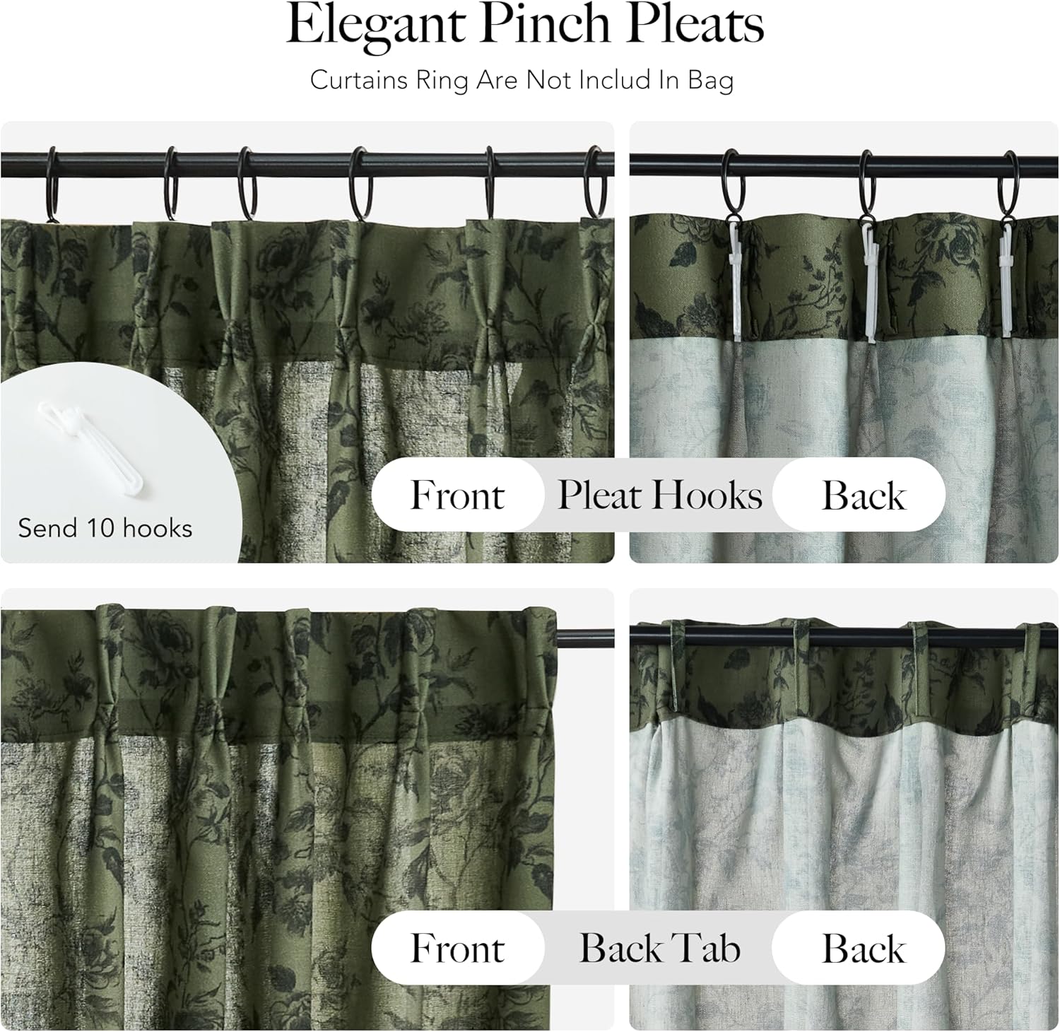 RYB HOME Pinch Pleated Olive Green Curtains for Kitchen Cafe, Light Filtering Semi Sheer Privacy Linen Textured Botanical Curtain Tier for Cottage Vintage Farmhouse Decor, 26" W x 24" L, 2 Panels