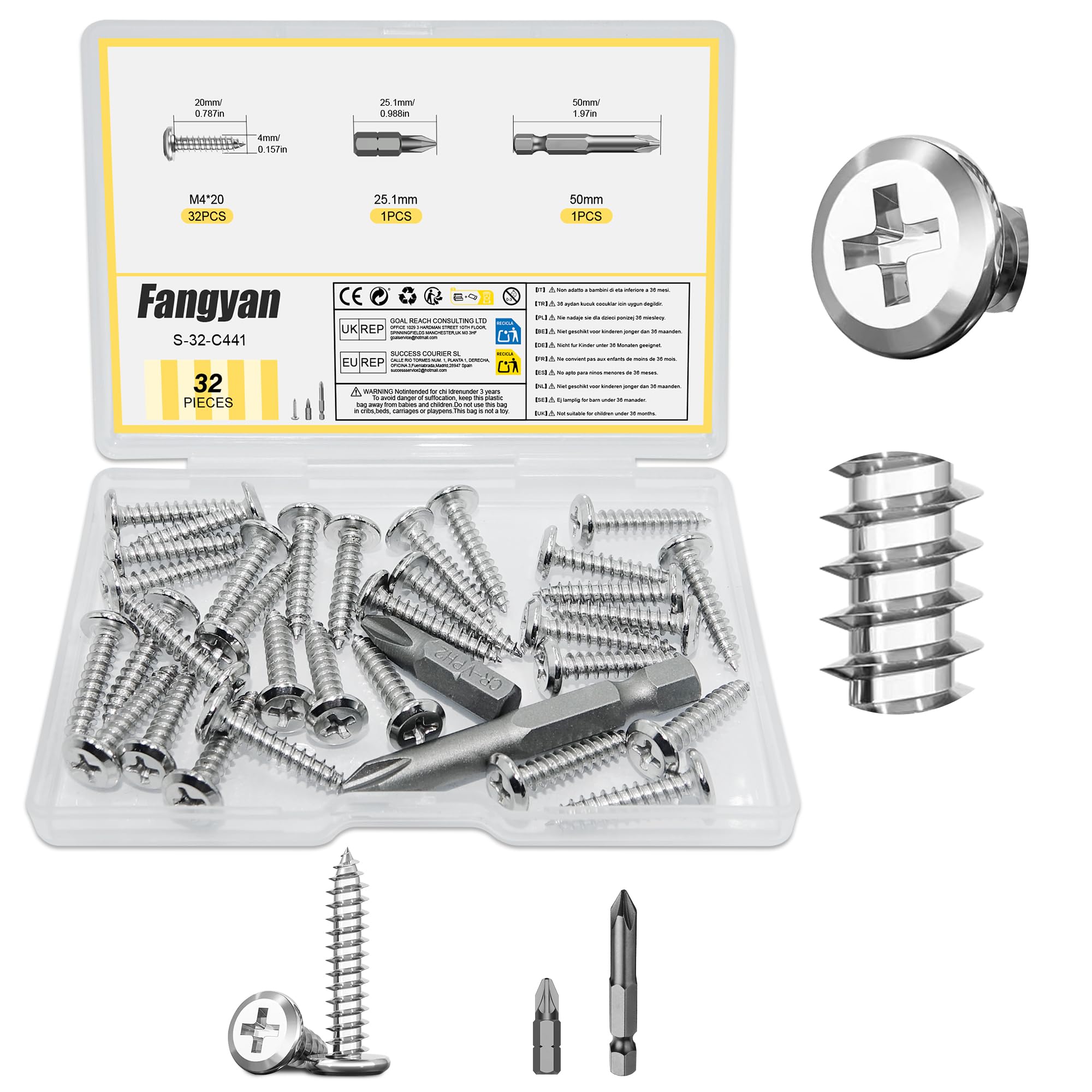 Fangyan 32PCS M4 x 20mm Phillips Cross Flat Head Self Tapping Wood Screws, 304 Stainless Steel Fasteners with 2 Magnetic Screwdriver Bits for Furniture Assembly, Cabinets & DIY Wood Repairs