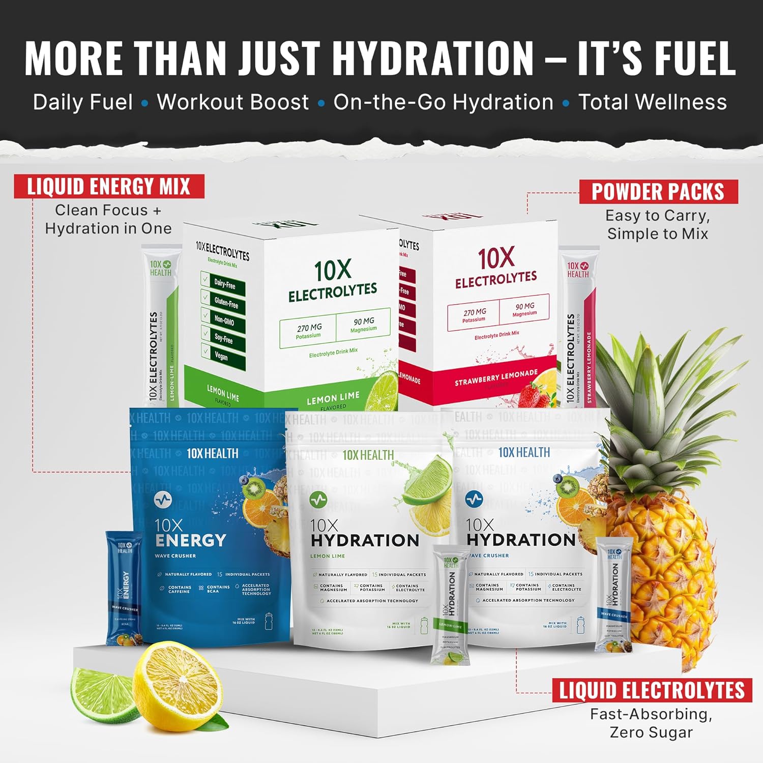 10X Health Electrolyte Drink Mix - Hydration Packets - Sodium, Magnesium, Potassium Citrate & Electrolytes Packets - Naturally Flavored, Dye-Free & Sugar-Free Hydration Packs - 15 Sticks, Lemon Lime - Image 5