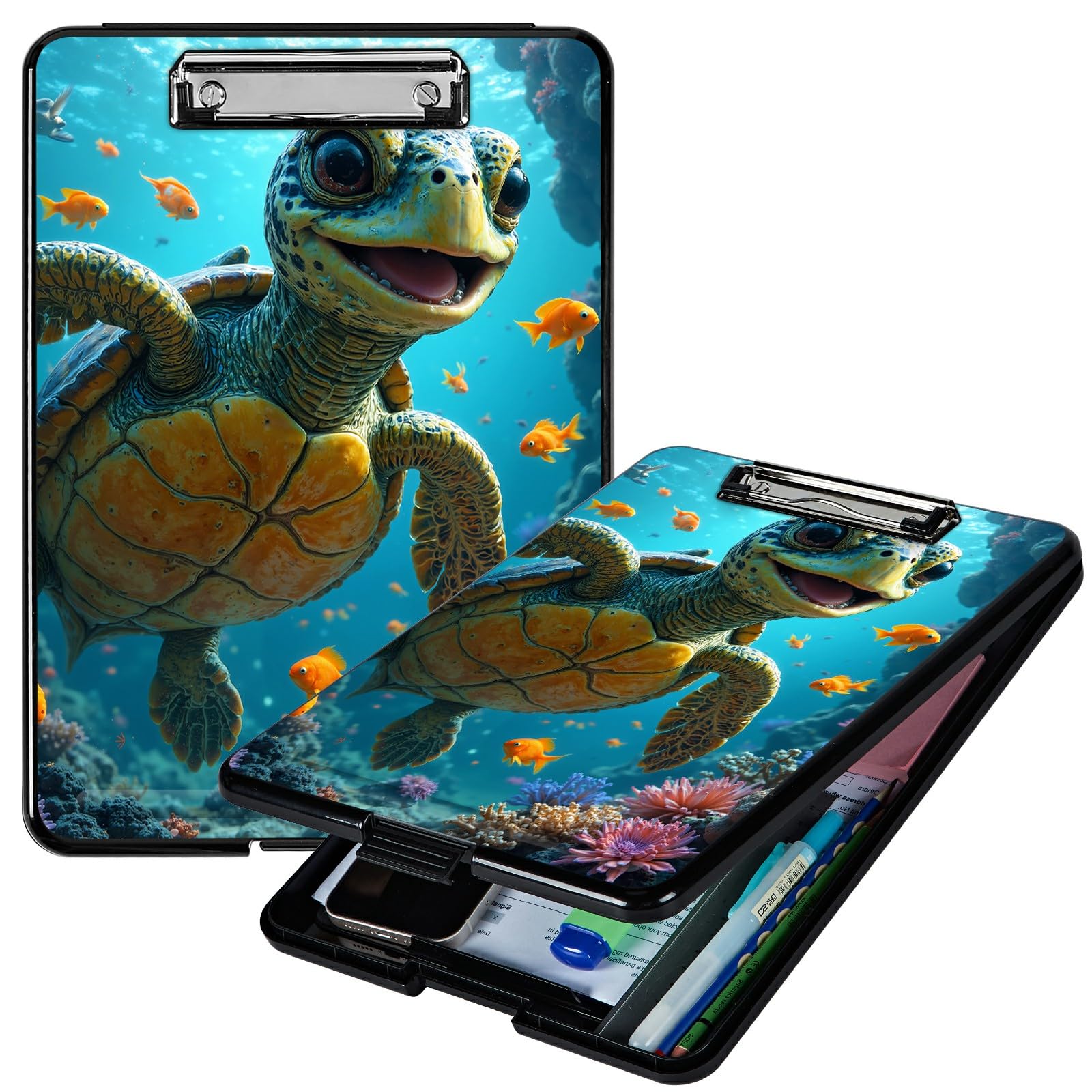 RWUTYTIUL Heavy Duty Storage Clipboard, Slim Nursing Clipboard with Internal Pen Case, Portable File Organizer Case for A4 Letter Size Paper Office Medical Professionals, Baby Sea Turtle