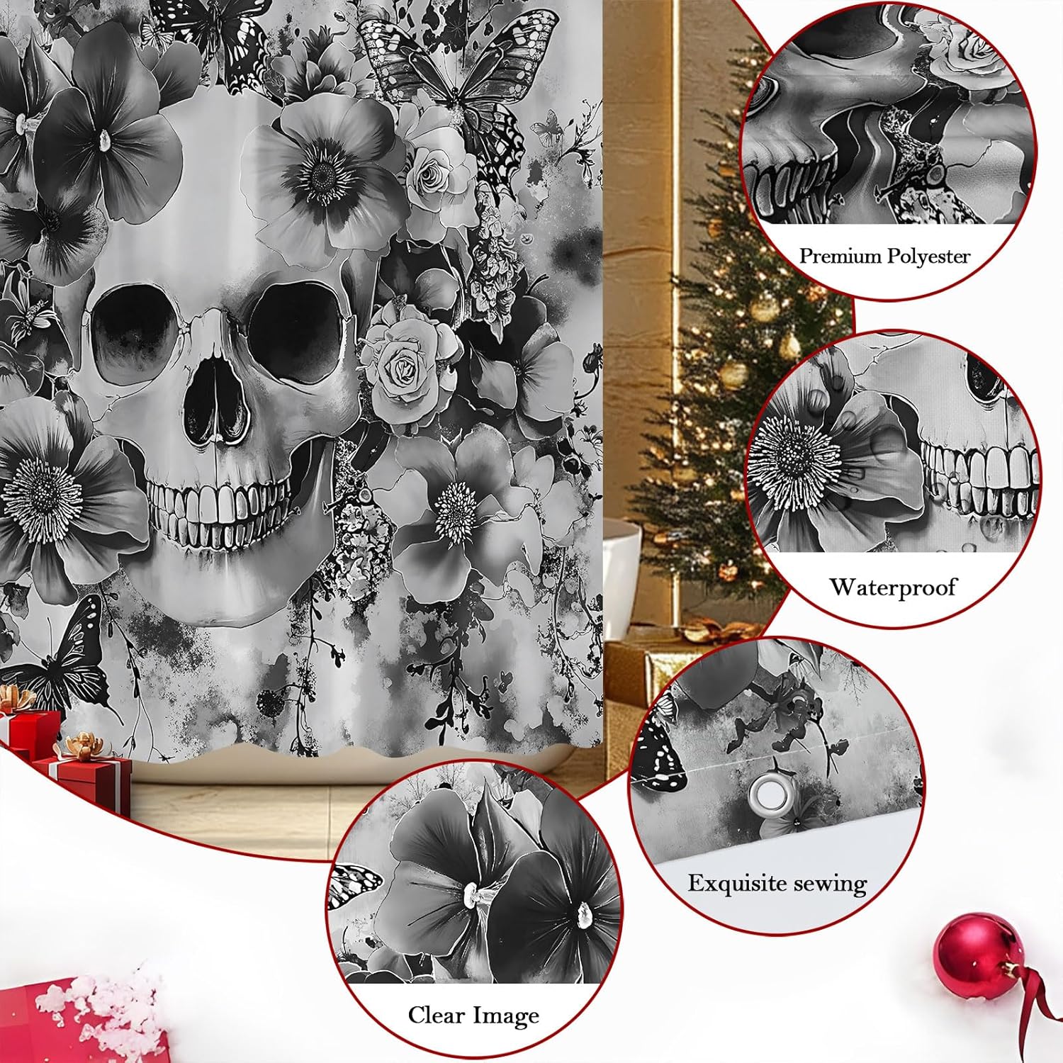 Skull Flower Shower Curtain Black White Grey Fantasy Floral Suger Skeleton Butterfly Gothic Magic Witchcraft Halloween Bathroom Polyester Curtains Set with Hooks 70x84 Inch