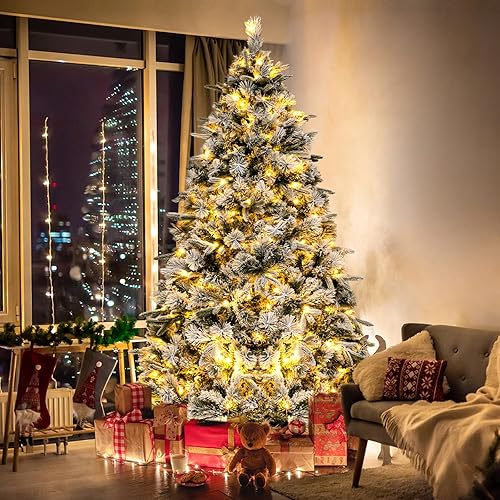 Miniatura 3 de HAPPYGRILL Árbol de Navidad artificial preiluminado de 6 pies, árbol de Navidad nevado con 250 luces LED blancas cálidas, 752 puntas de ramas