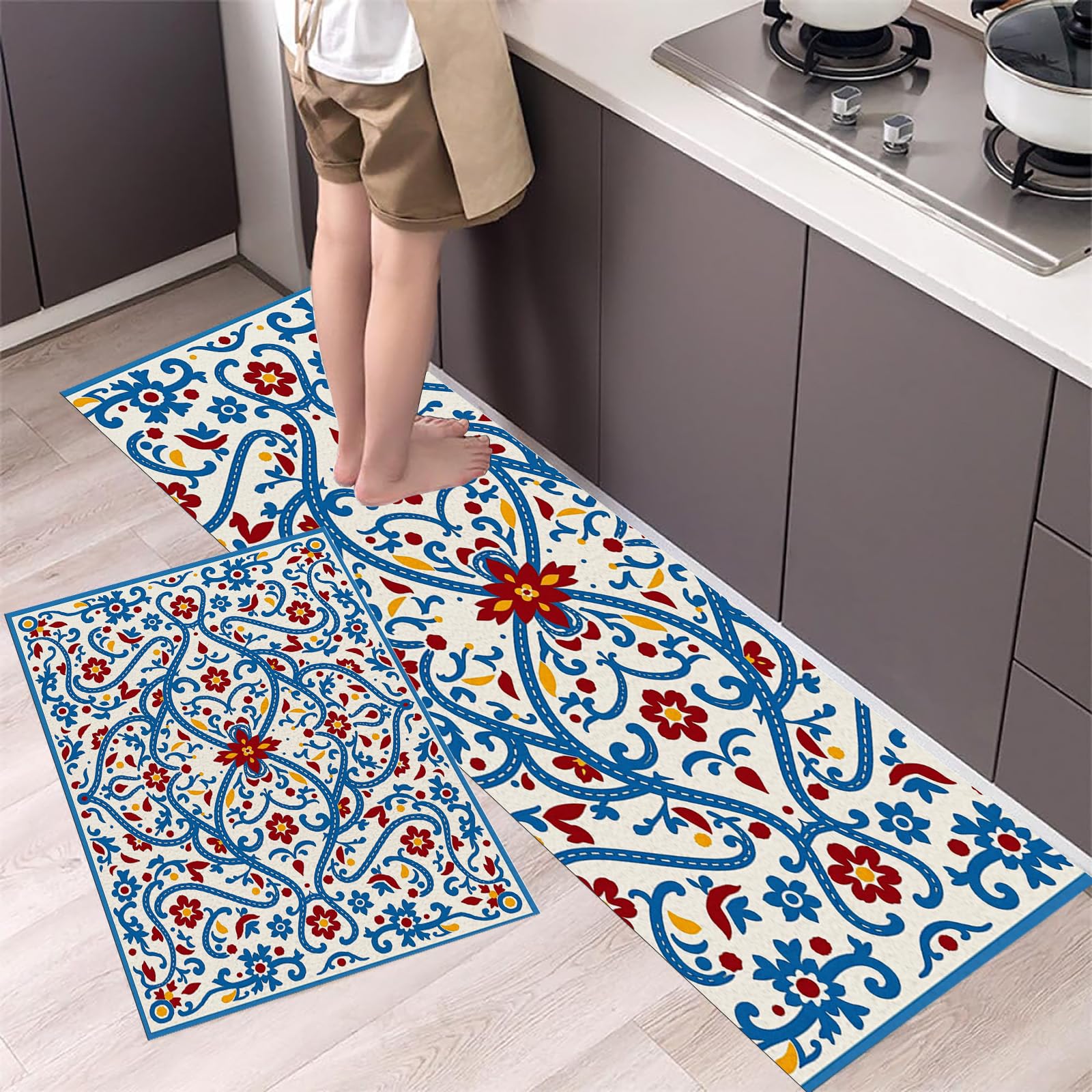 Tapis de cuisine antidérapants bleus lot de 2 lavables motif floral géométrique