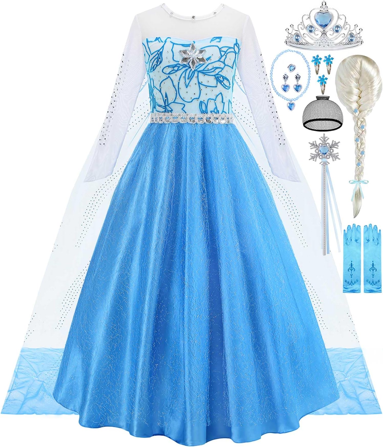 Elsa Costume for Toddler Girls Snow Princess Dress Blue Halloween Cosplay Dress Up Outfits with Wig