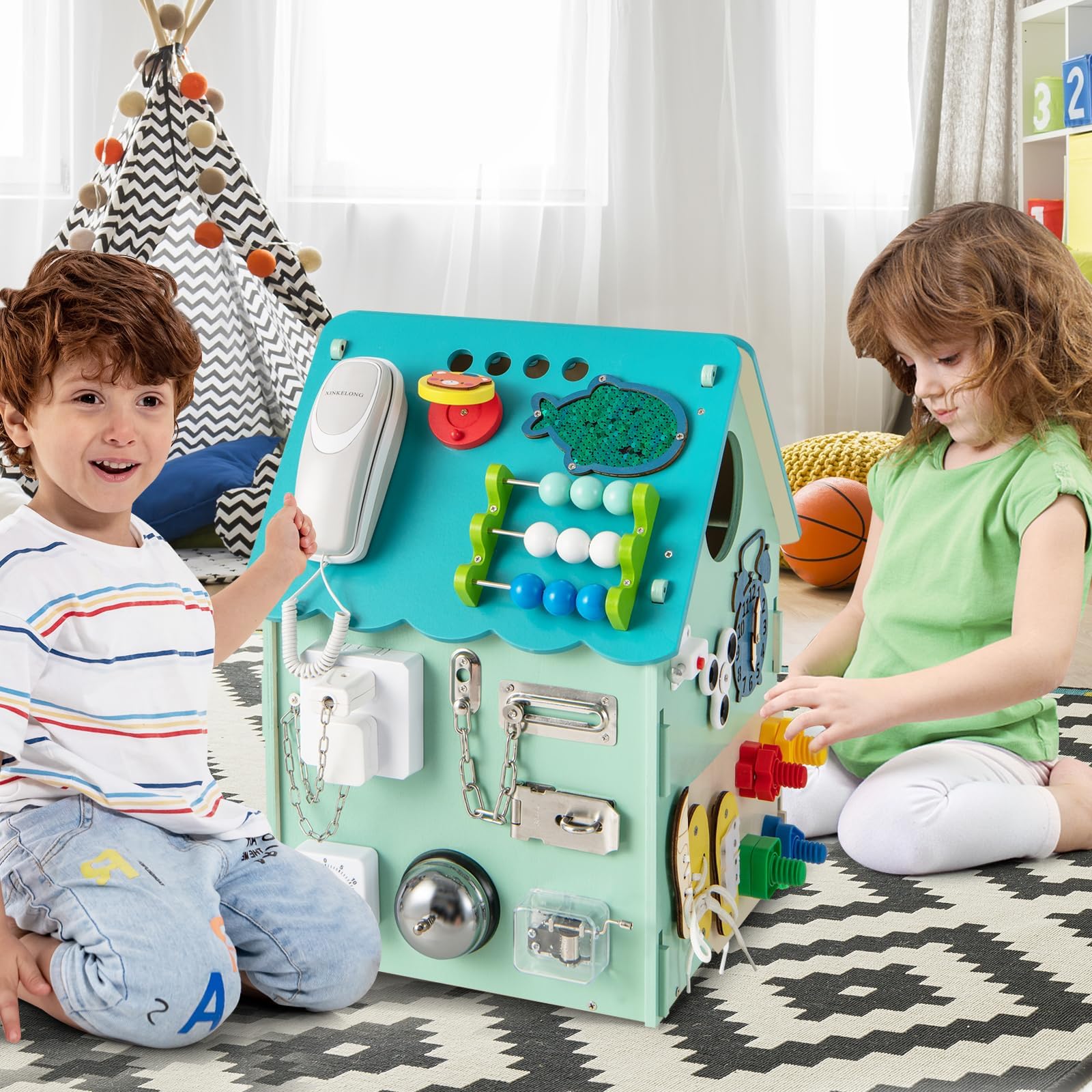 FANTASK Domek do zabawy dla dzieci z drewna, edukacyjny domek z zabawkami i miejscem do przechowywania, sensoryczna zabawka edukacyjna Montessori do motoryki precyzyjnej, kostka do aktywności dla