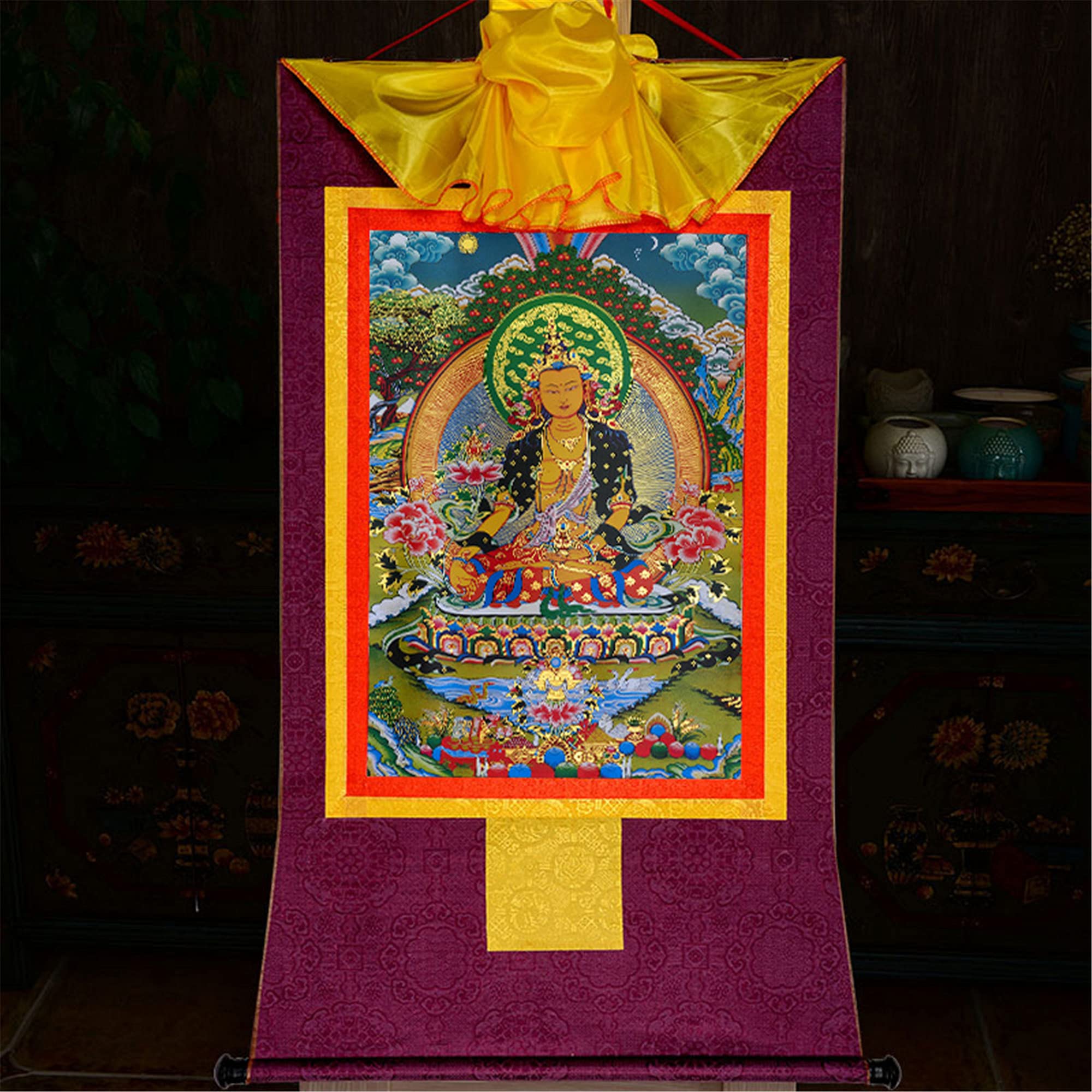 Gandhanra Thangka Tibetische Wandbehang,Ksitigarbha Thangka,Heißgeprägter Buddha Wandteppich für Zen Wohnkultur, Meditation, Spirituelle Entspannung und Ruhe