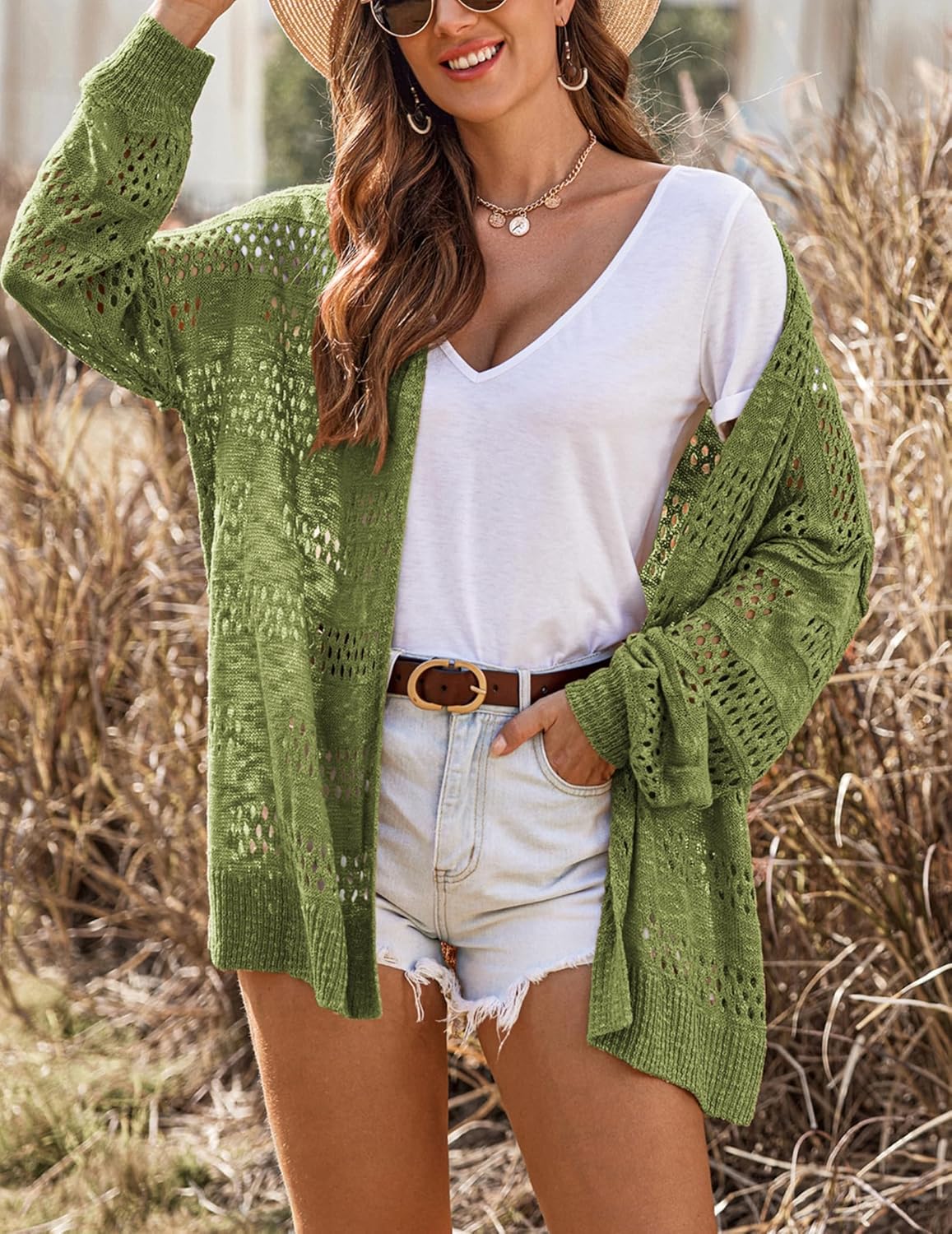 HOTOUCH Lightweight Crochet Cardigan for Women Long Sleeve Open Front Knit Oversized Cardigans Sweaters - Image 3