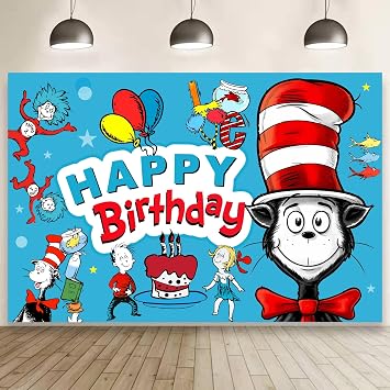 Cartoon for Dr. Seuss Happy Birthday Backdrop Birthday Party Supplies Kawaii Background for Boys Girls Banner for Kids Party Decorations 5x3ft