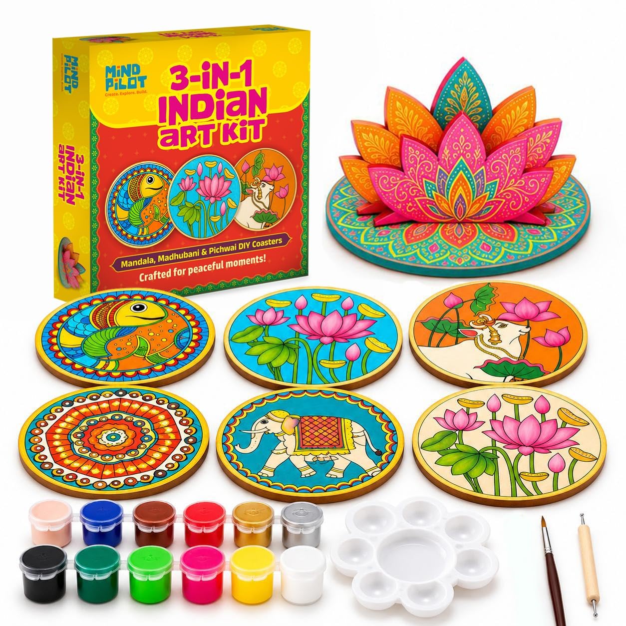 Indian Art Coaster Kit - Paint Mandalas, Madhubani & Pichwai -1