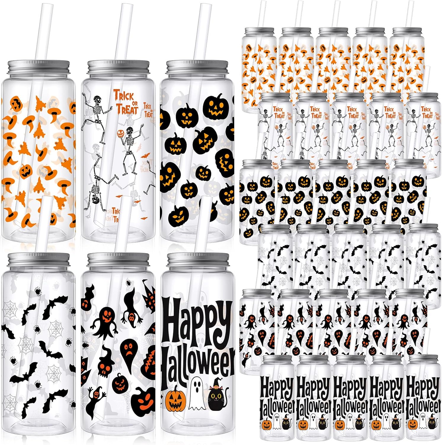 Skylety 30 Pcs Halloween Plastic Cups Tumbler with Lids and Straws 13.5 oz Pumpkin Ghost Bat Reusable Plastic Cups for Halloween Holiday Party Decor Supplies