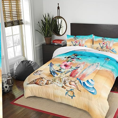 Miniatura 2 de AILONEN Juego de ropa de cama de playa tropical, tamaño individual con anclaje de barco, tabla de surf, patrón de caracola, juego de edredón para