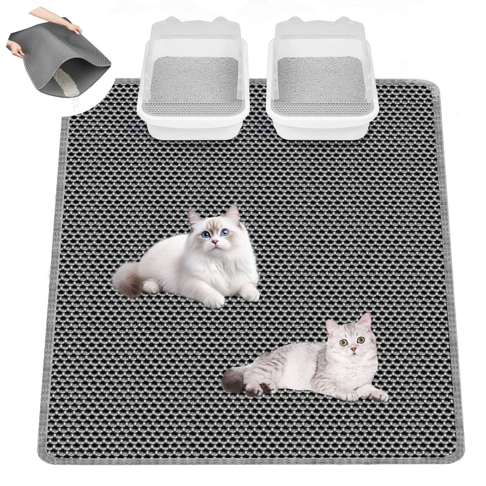 Alfombra Arenero Gato, 90x60cm Alfombrilla Arenero Gato, Alfombra Gatos Arenero Impermeable, Diseño de Doble Capa en Forma de Panal, Cat Litter Mat, Alfombra de Basura, Gris