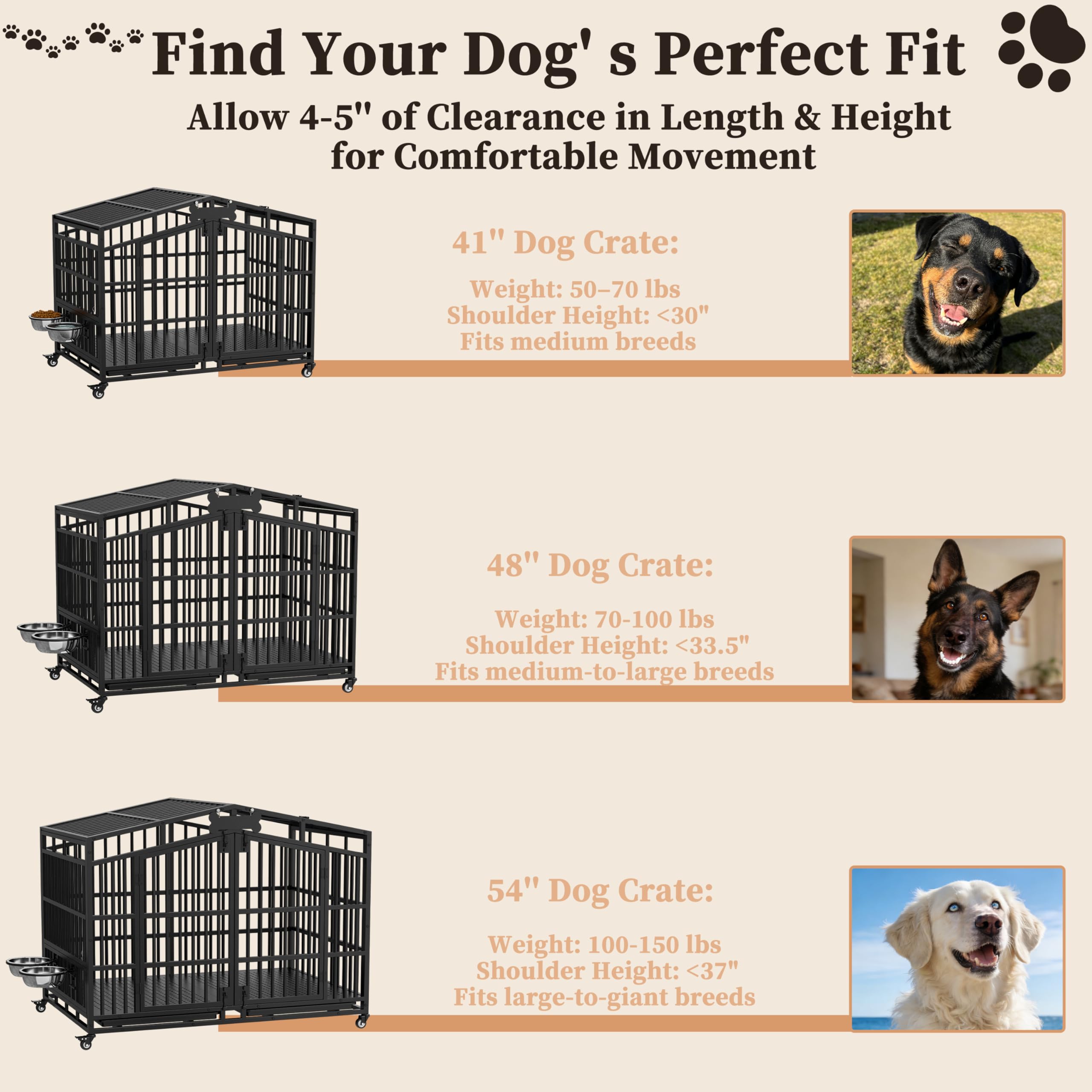 105cm XL Metall Große Hundekäfig Möbel, Extra Dickes Metall Hundebox für Zuhause mit 2 Hunde Näpfen & Namensschild, Offener Oberseite & 360° Rollen, Kau-/Ausbruchsicher - 105x65x88cm