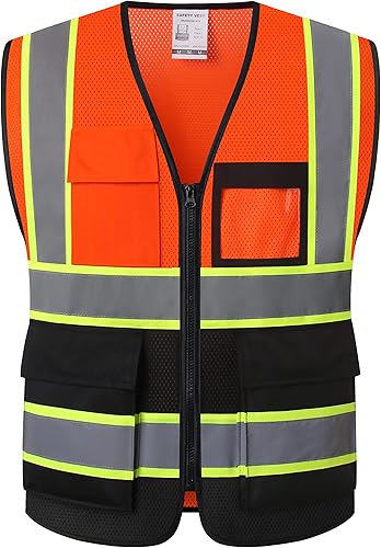 Miniatura 6 de HATAUNKI Chalecos de seguridad de malla de color amarillo y negro con reflejo de alta visibilidad con 8 bolsillos y cremallera frontal, chaleco de