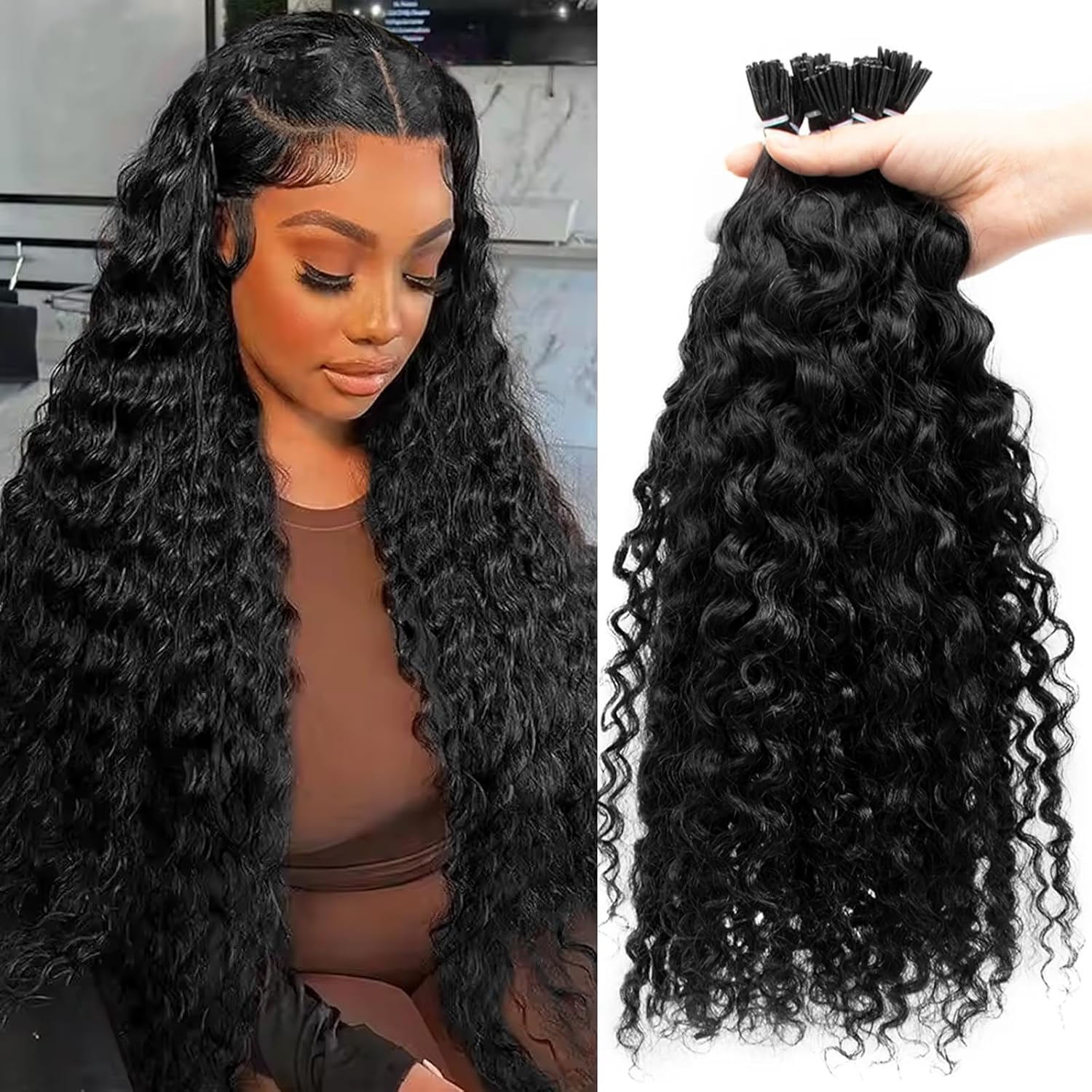 I Tip Human Hair Extensions 16 Inch 50G Water Wave Cold Fusion Hairpiece Pre Bonded Hair Extensions for Black Women Microlink Real Virgin Hair Extension 100 Strands Per Package