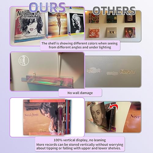 Miniatura 5 de OrigoDeco Soporte de pared para discos de vinilo, soporte de pared de vinilo acrílico iridiscente de 12 pulgadas, estante sin daños en la pared,