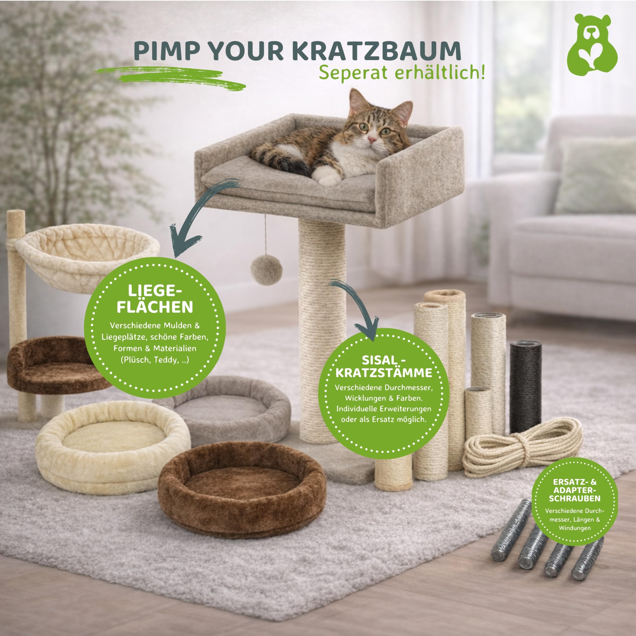nanook Wandkratzbaum Kratzbaum Stella 186 cm - Katzenbett und Sisalsäulen - Wandmontage - beige