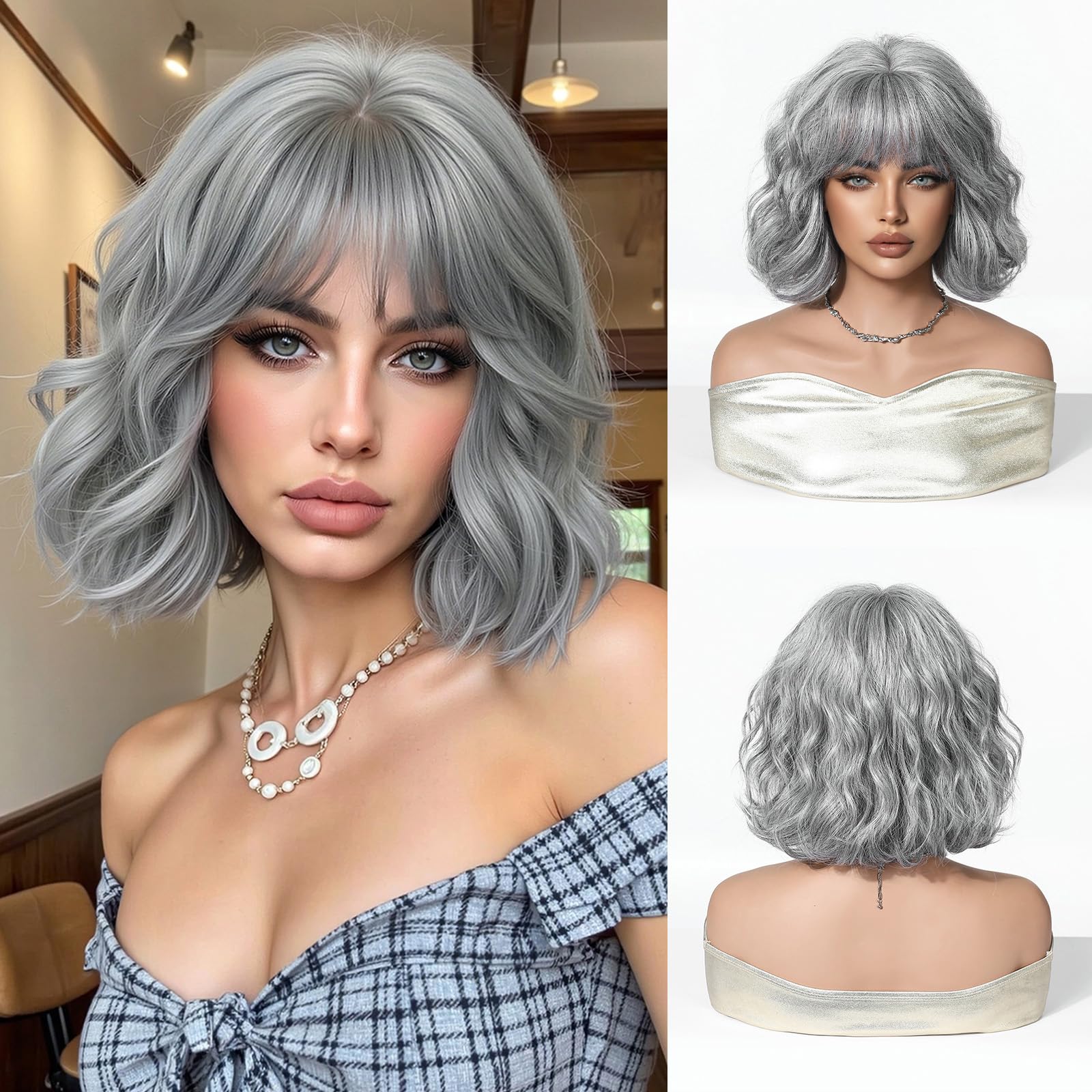 OUFEI Gray White Bob Wigs for Women Short Wavy Wig With Bangs with Dark Roots Natural Synthetic Hair Heat Resistant Wigs for Daily Party Cosplay Wear