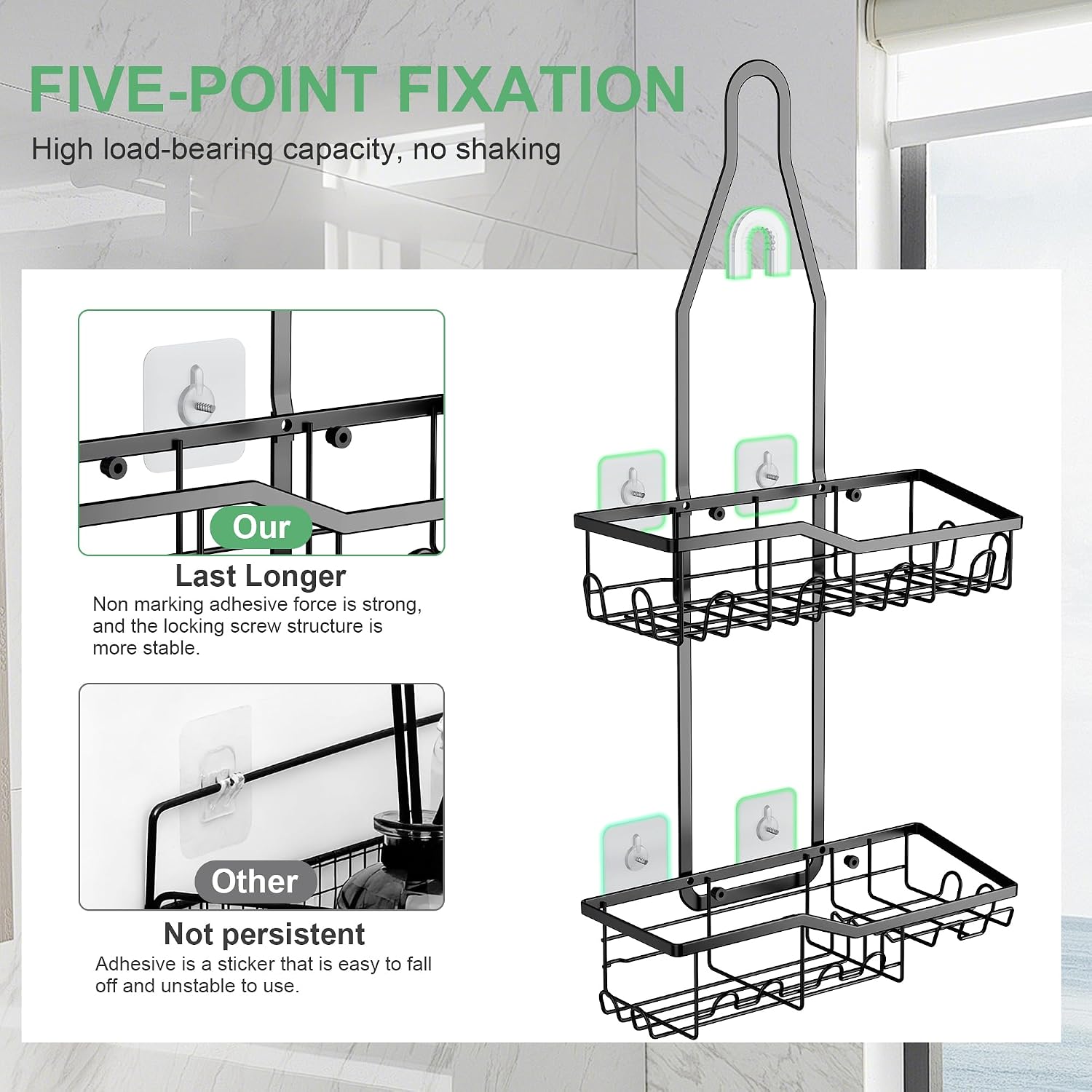 Shower Caddy Hanging,Rustproof Anti-Swing Shower Organizer,2 Tier Hanging Bathroom Caddy Anti-swing and Non-slip,Bathroom Organizer with 18 Hooks for Razor/Sponge